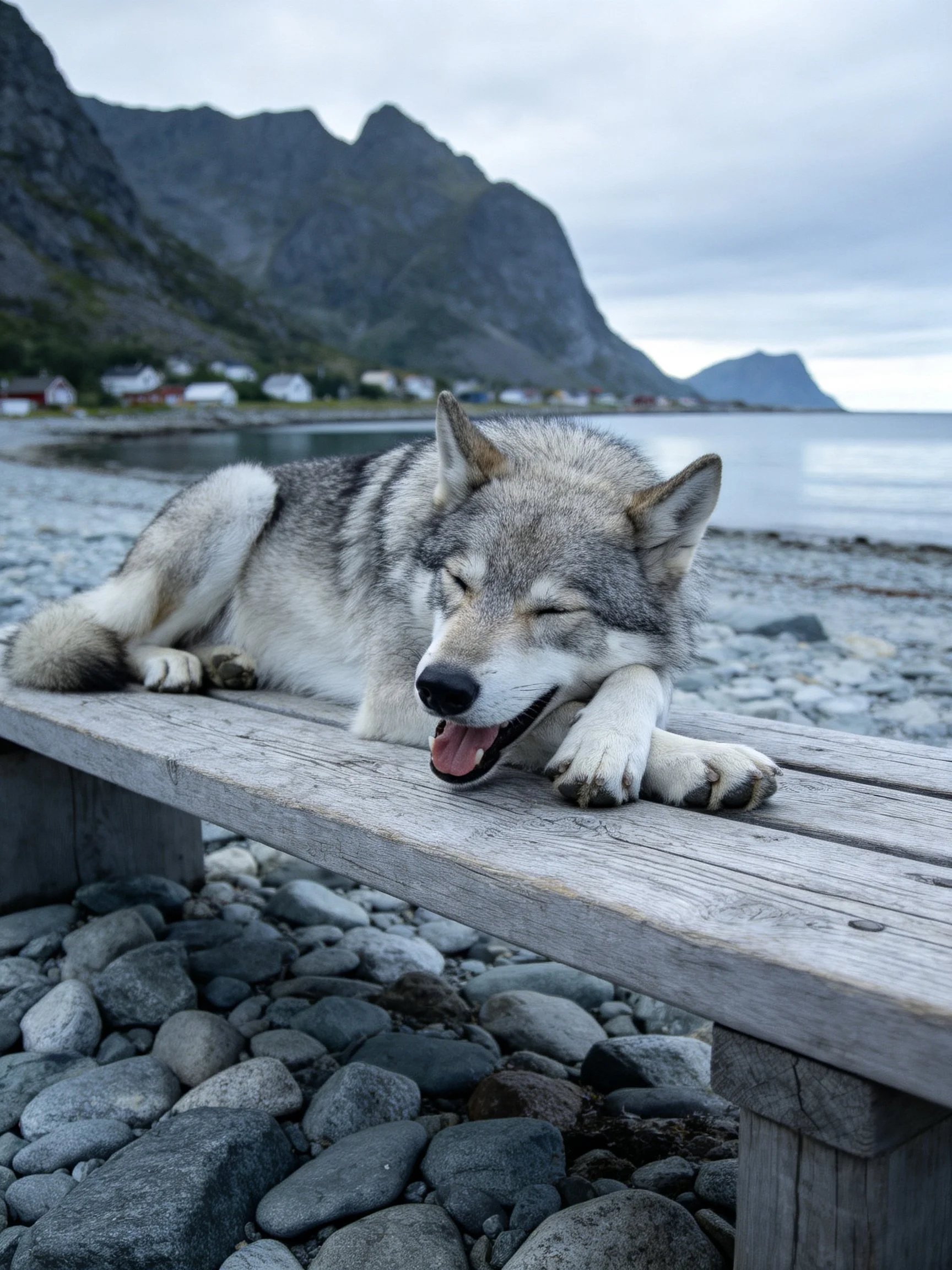 A gray wolf-dog relaxes on a weathered bench near rocky shores and mountains.