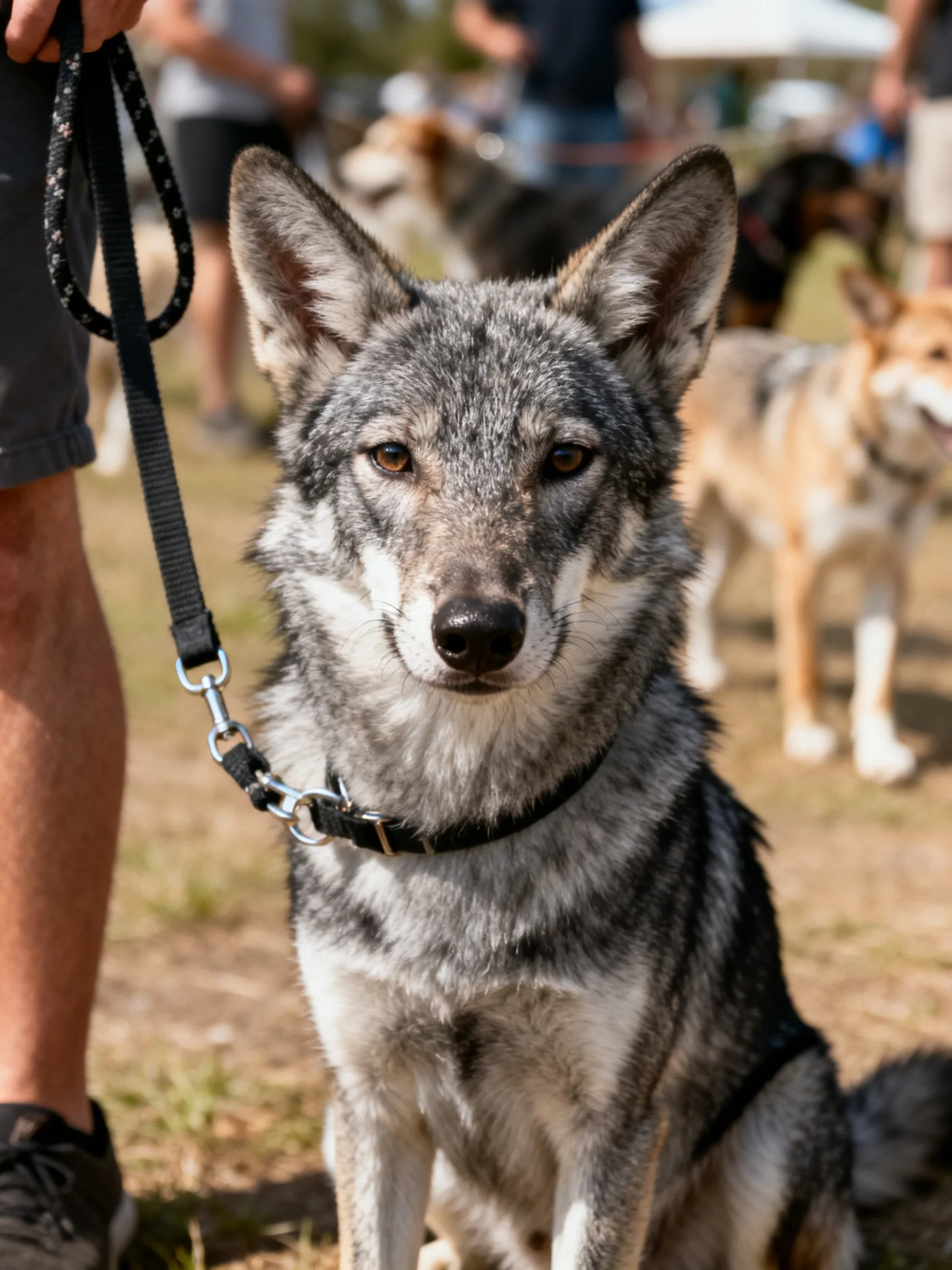 A gray wolf-dog sits calmly on a leash with other dogs in the background.