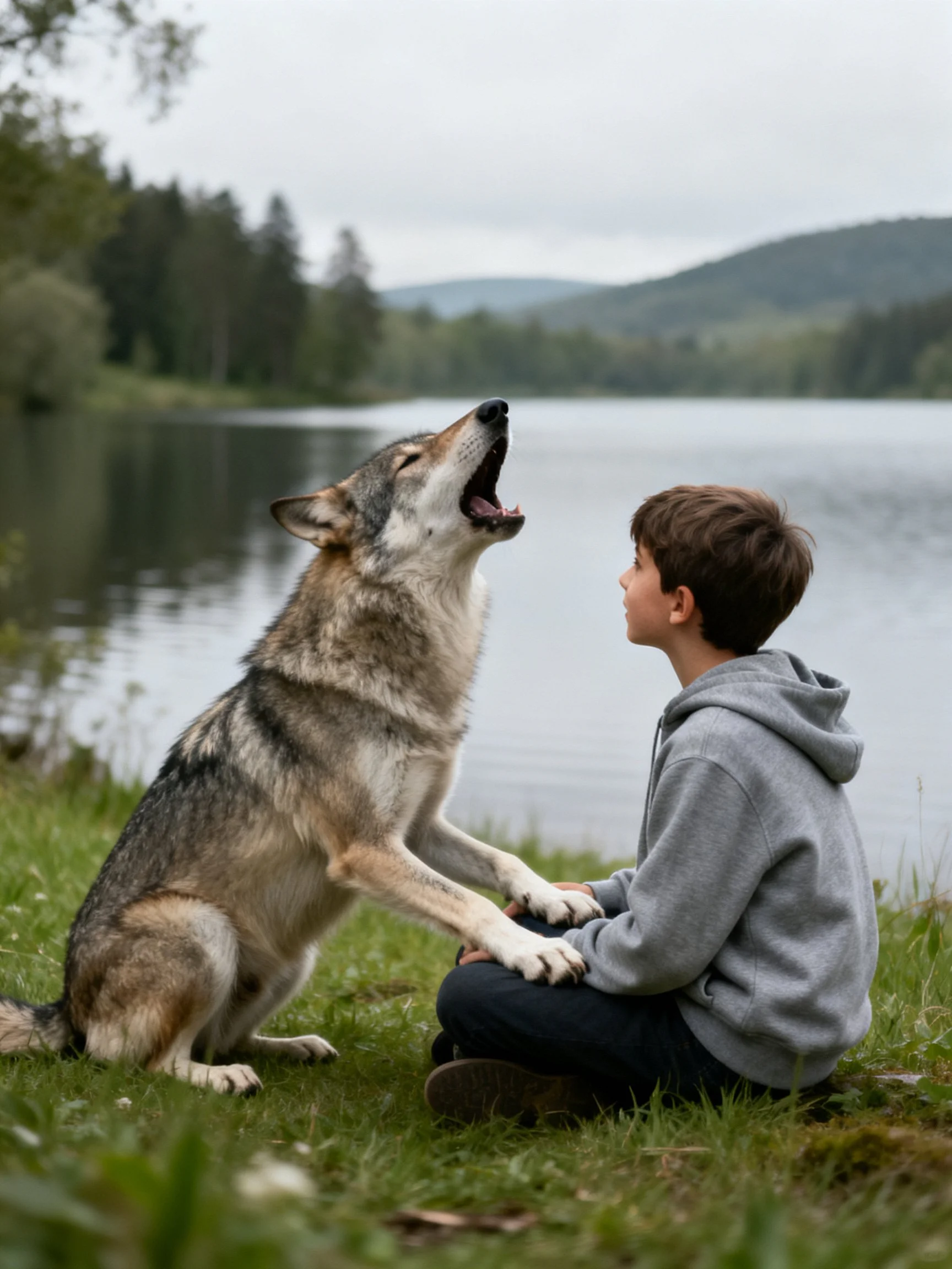 A gray wolf howls at a boy by a calm lakeside