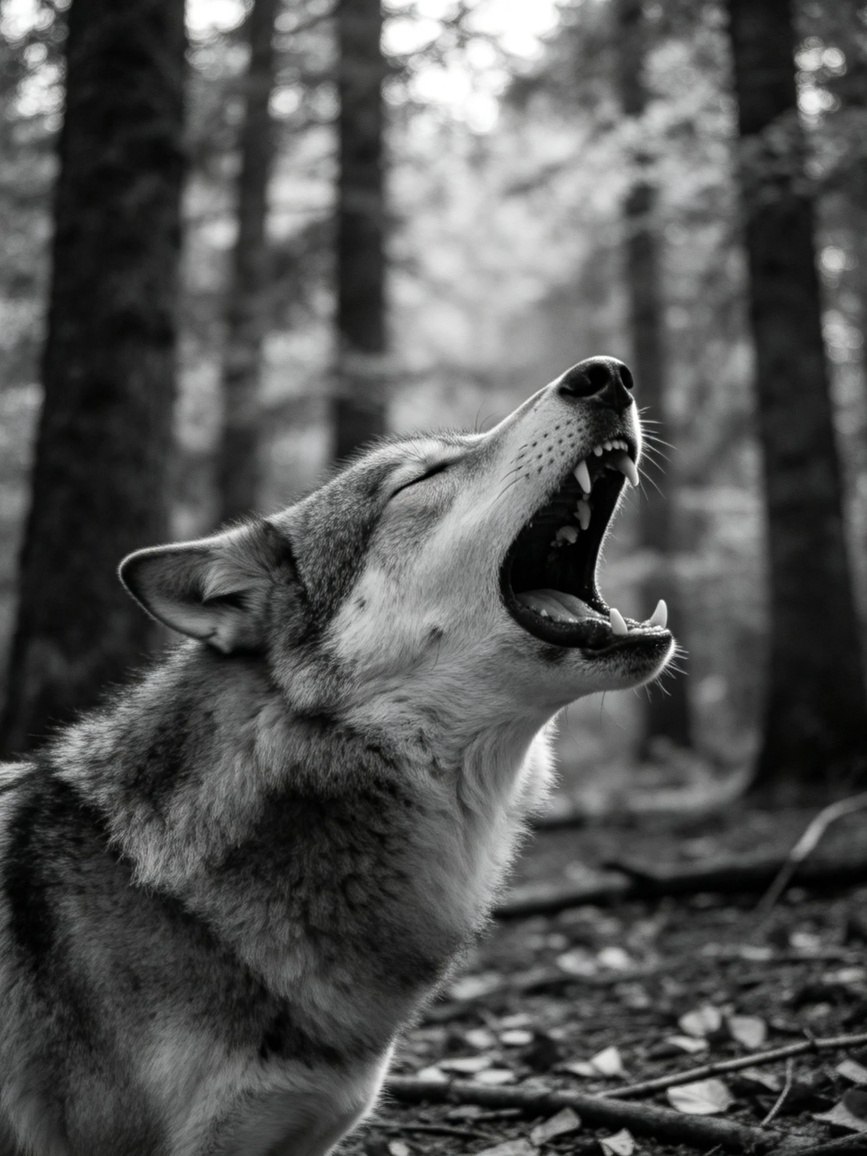 A gray wolf howls in a dense, monochrome forest environment.