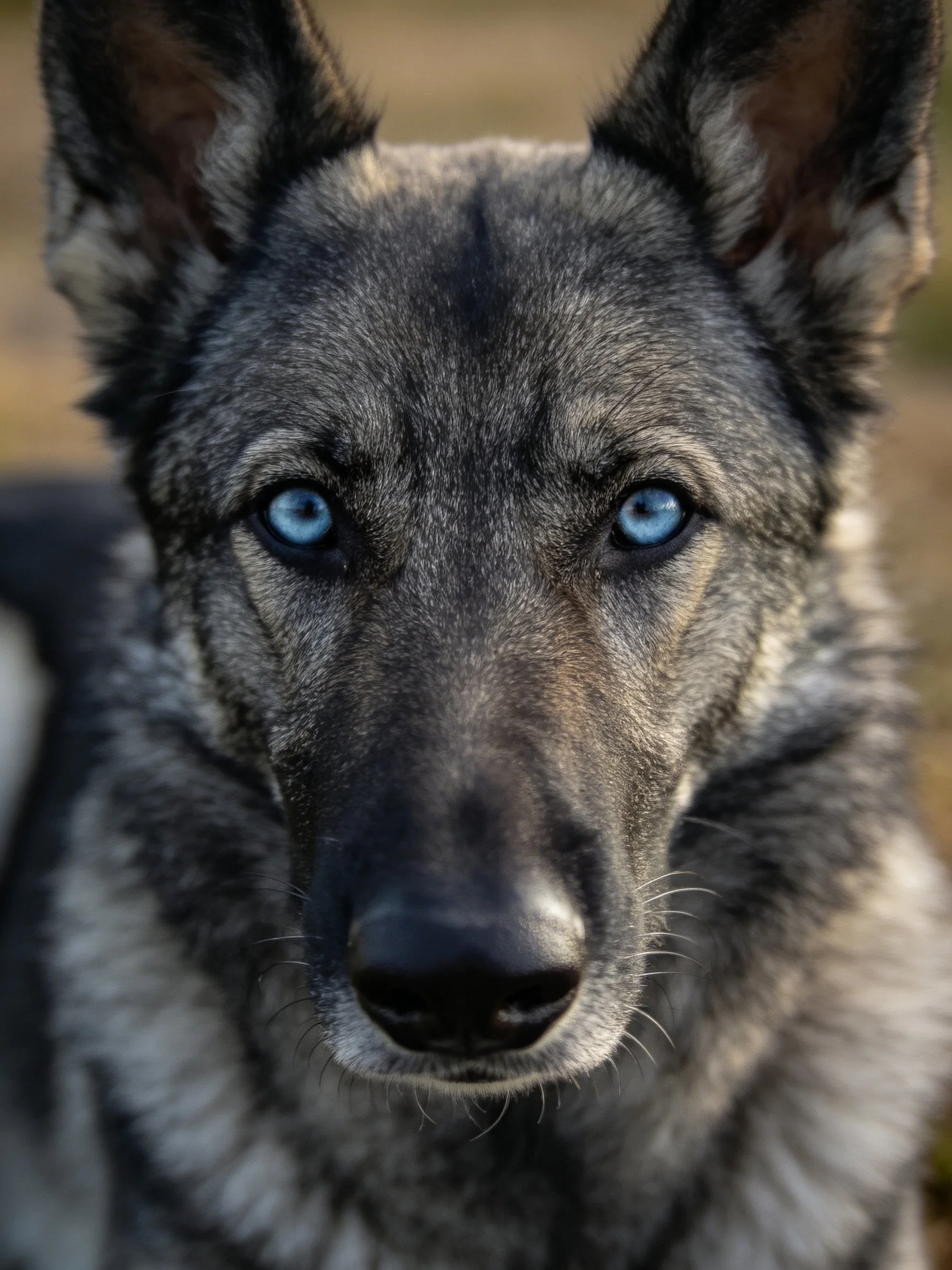 A gray wolf - hybrid dog with bright blue eyes