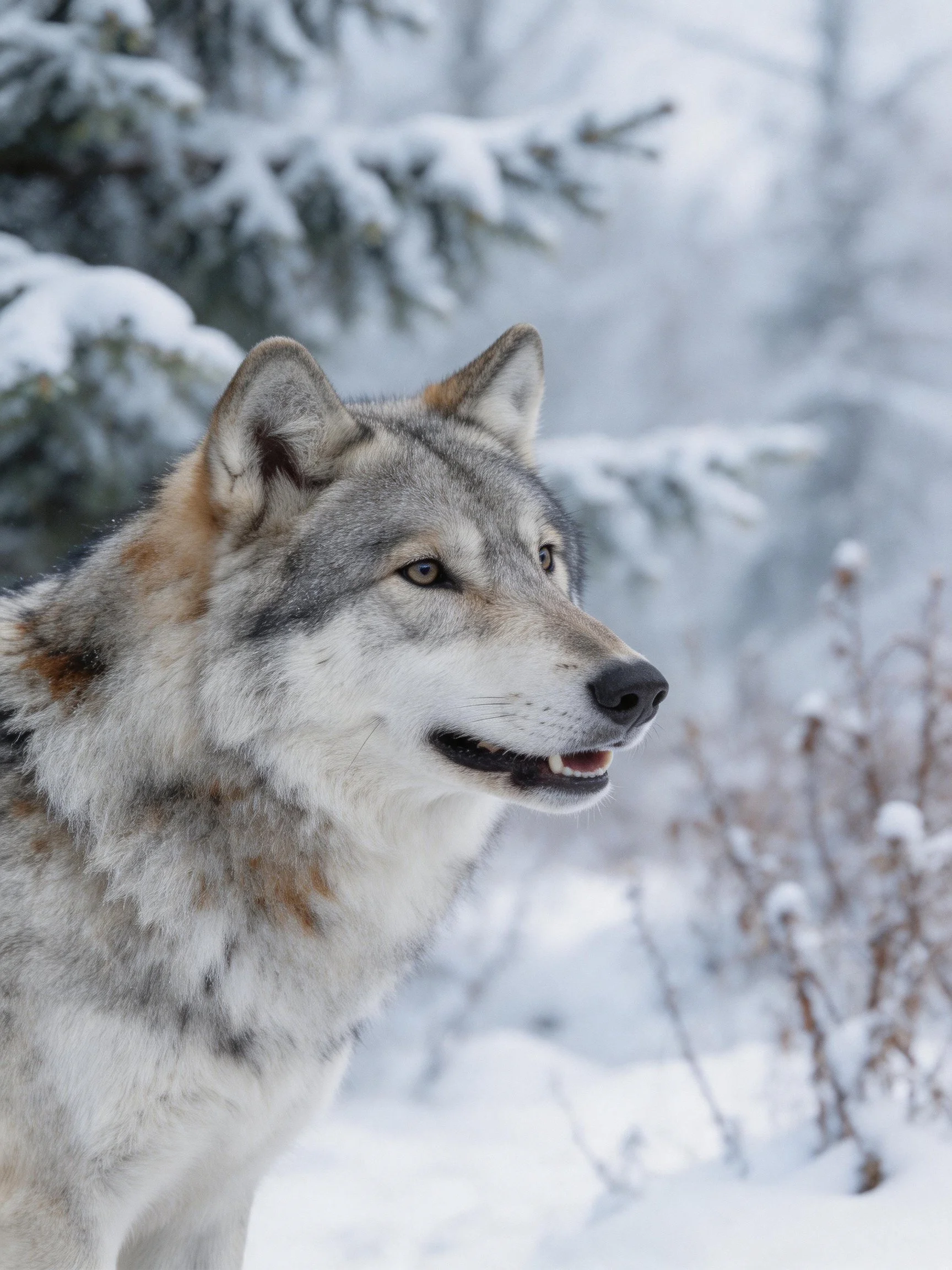 A gray wolf is in a snowy forest with evergreen trees.