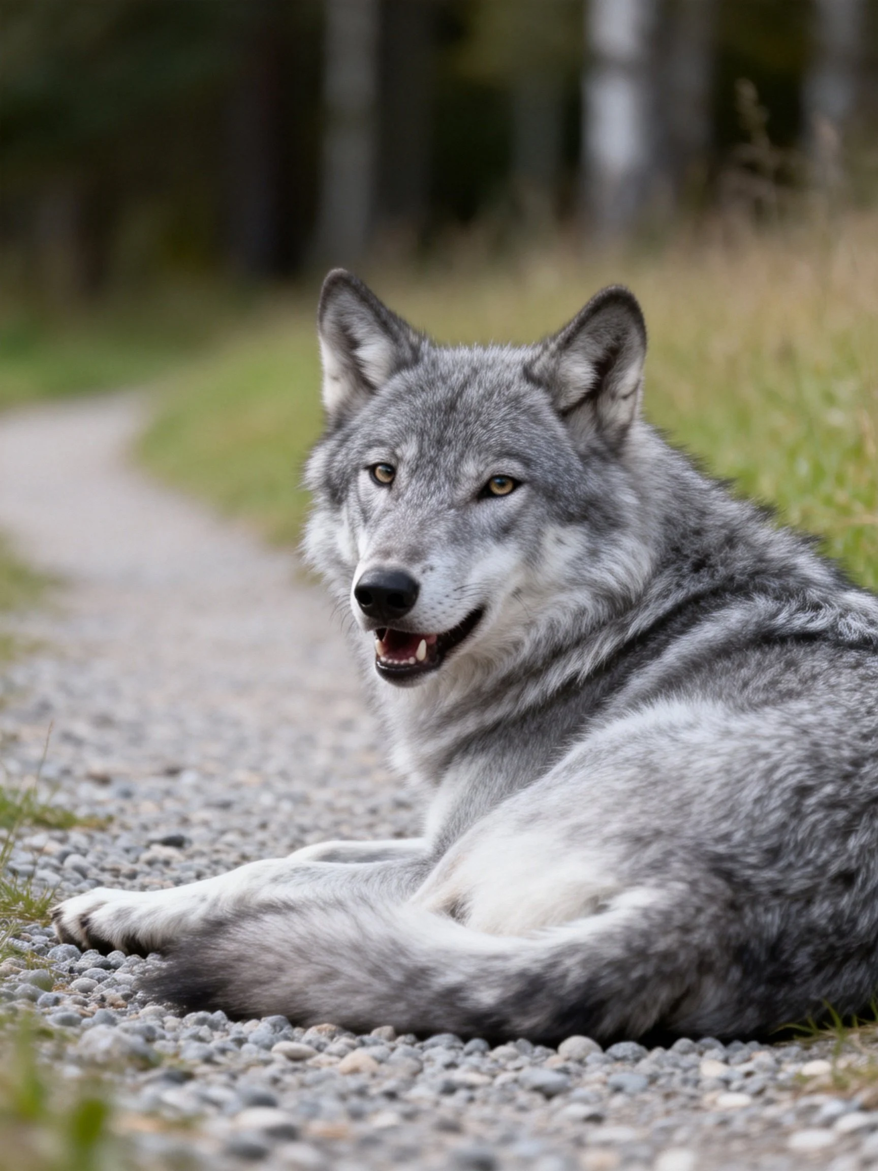 A gray wolf sits calmly on a gravel path amid natural surroundings.