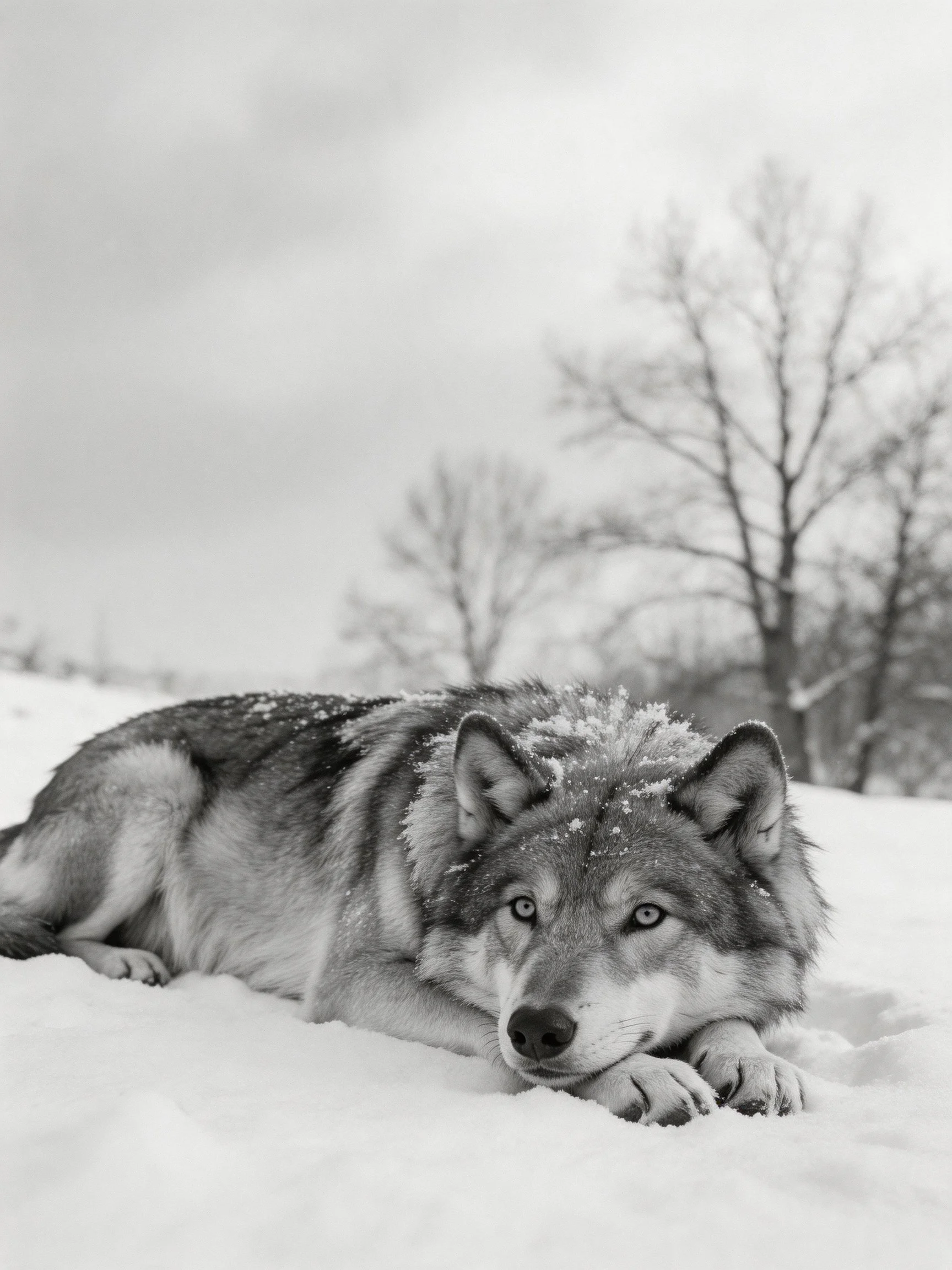 A gray wolf lies in snow with leafless trees in the background.