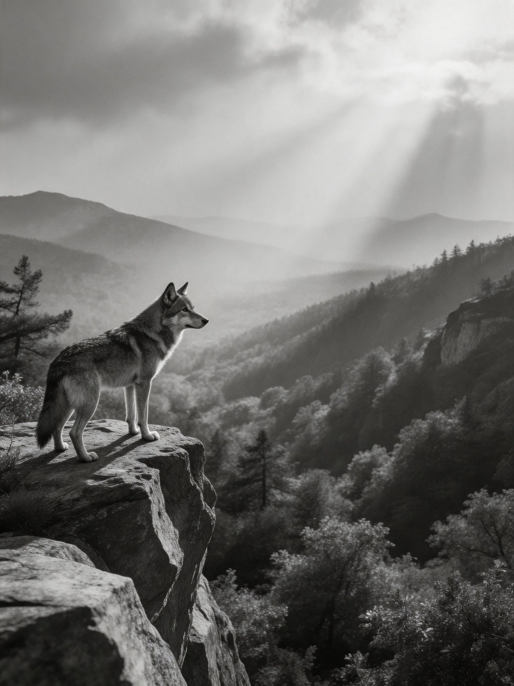 A gray wolf stands on a rocky cliff overlooking a forested valley
