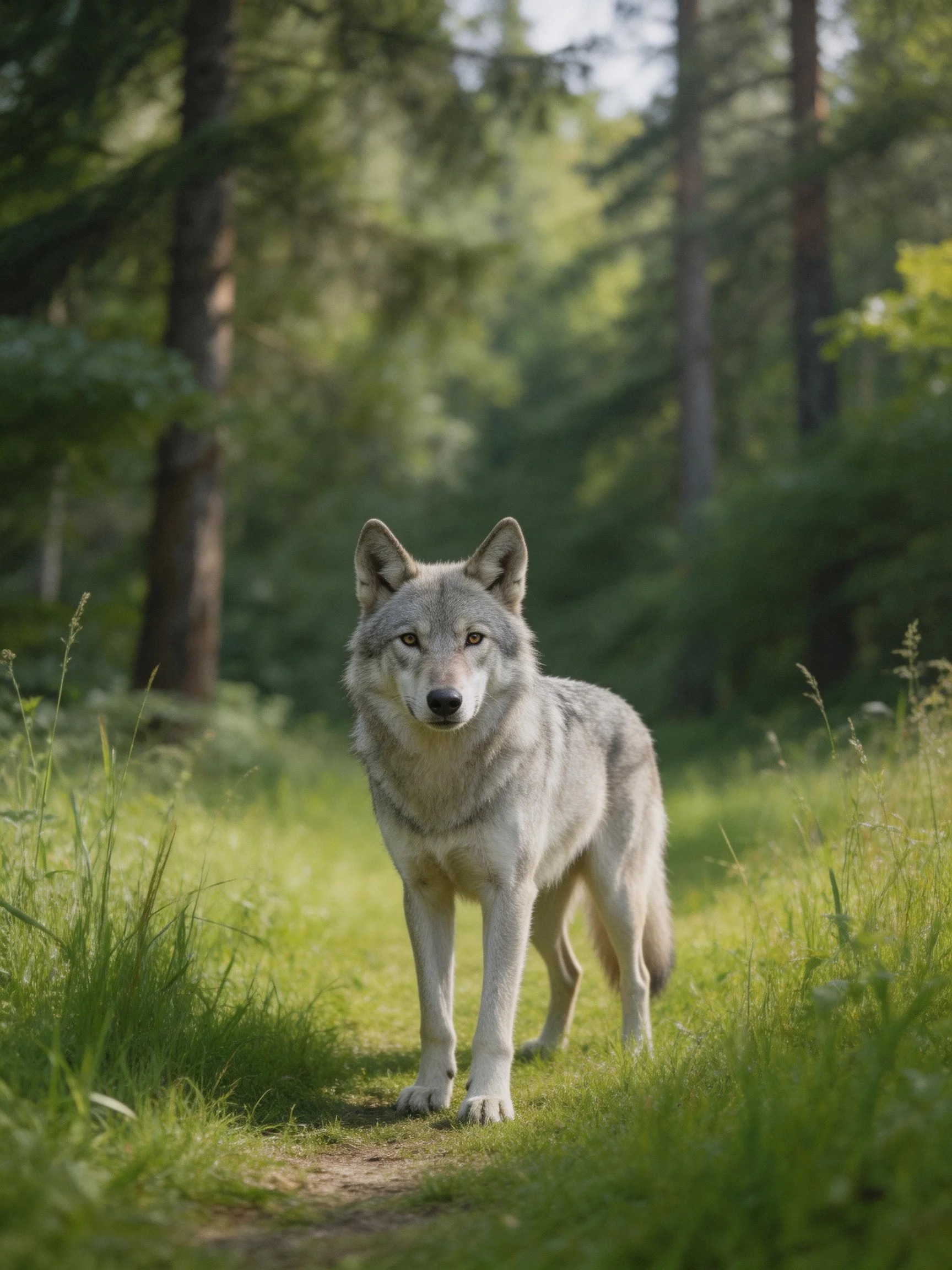 A gray wolf stands alert on a sunlit forest path surrounded by tall grass and trees.