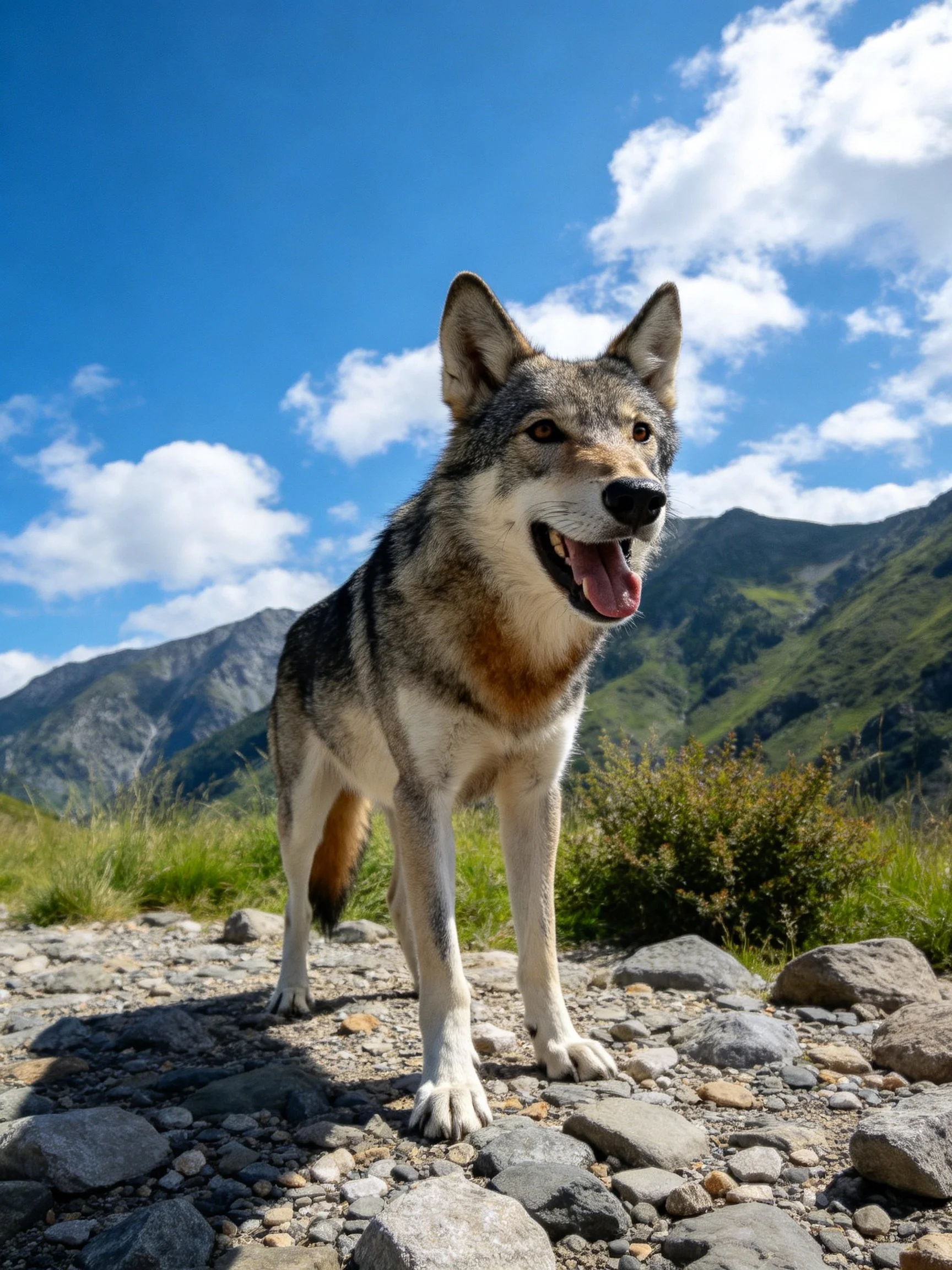 A gray wolf stands on rocky terrain with mountains and blue sky in the background.