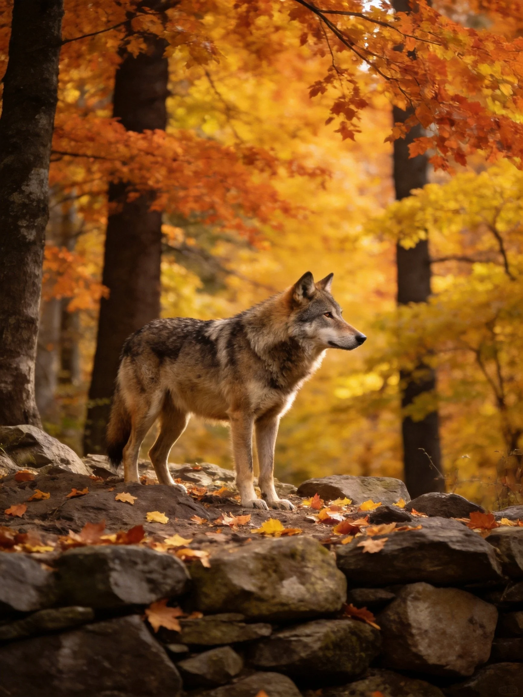 A gray wolf observes its surroundings on rocky ground amidst golden autumn trees.