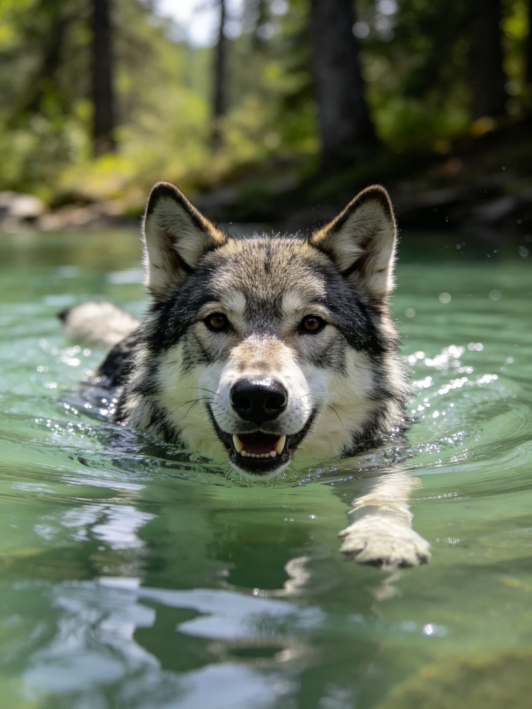 A gray wolf swims in clear water with forested surroundings.