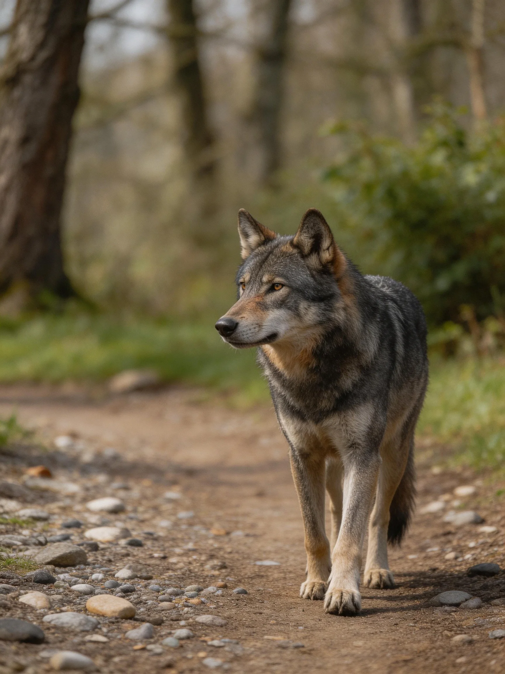 A gray wolf moves through a forest path with scattered stones