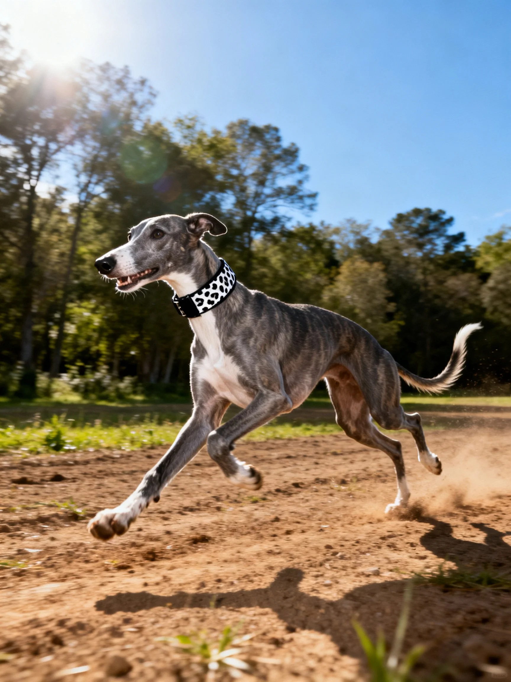 A greyhound dog runs energetically on a dusty path near trees