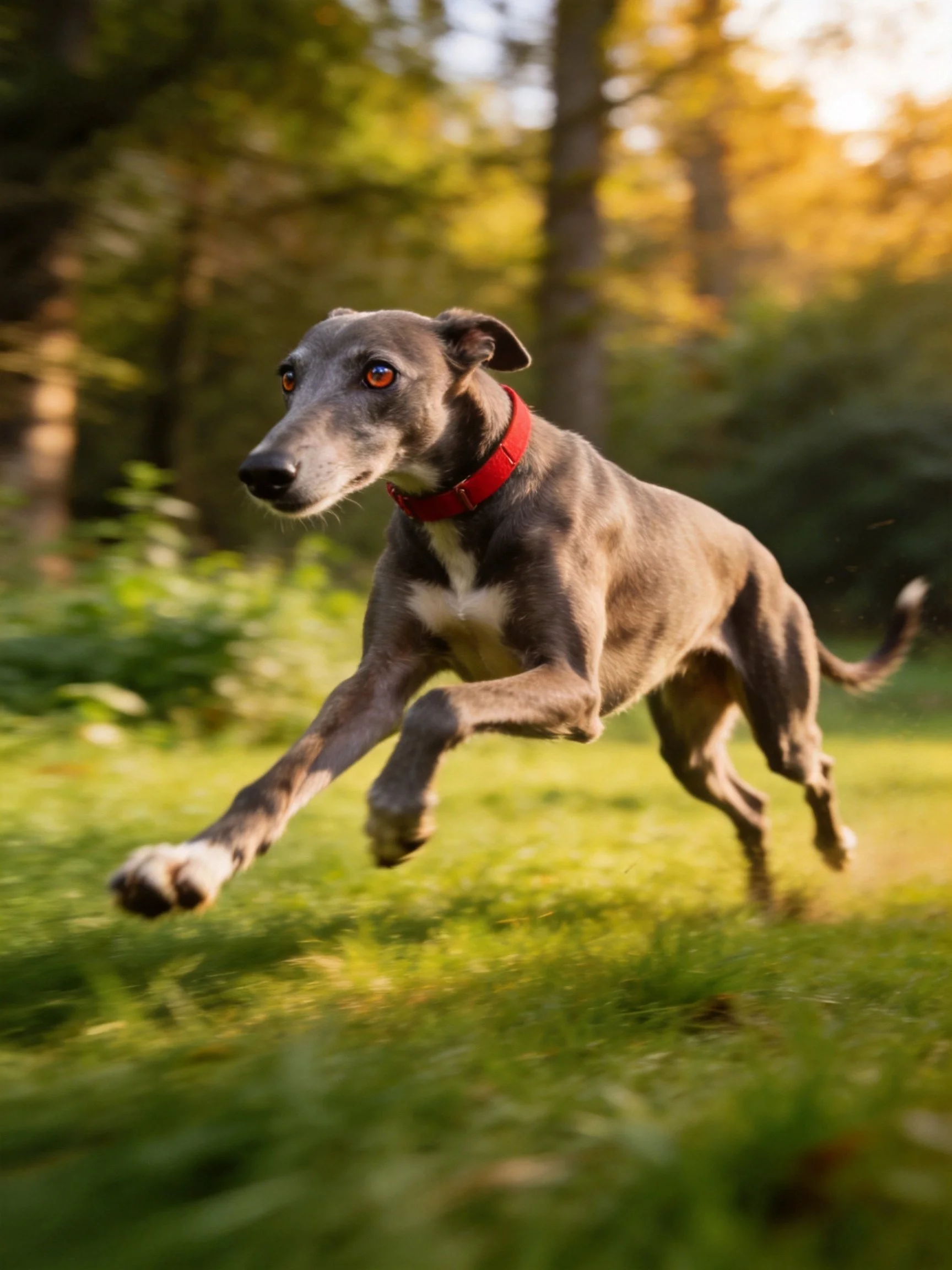 A greyhound dog runs swiftly through a sunlit forest clearing
