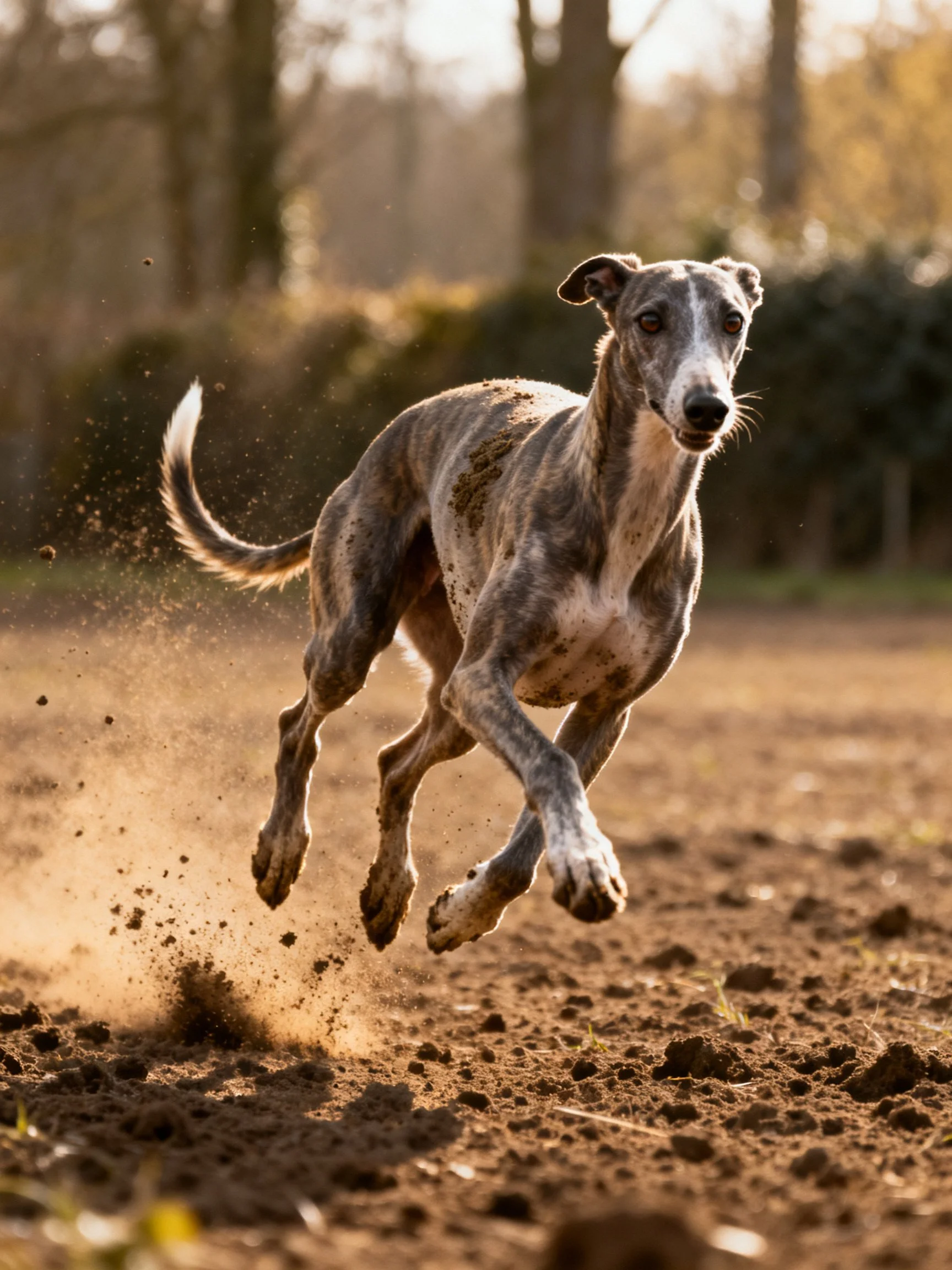 A greyhound dog sprinting on dusty earth near trees
