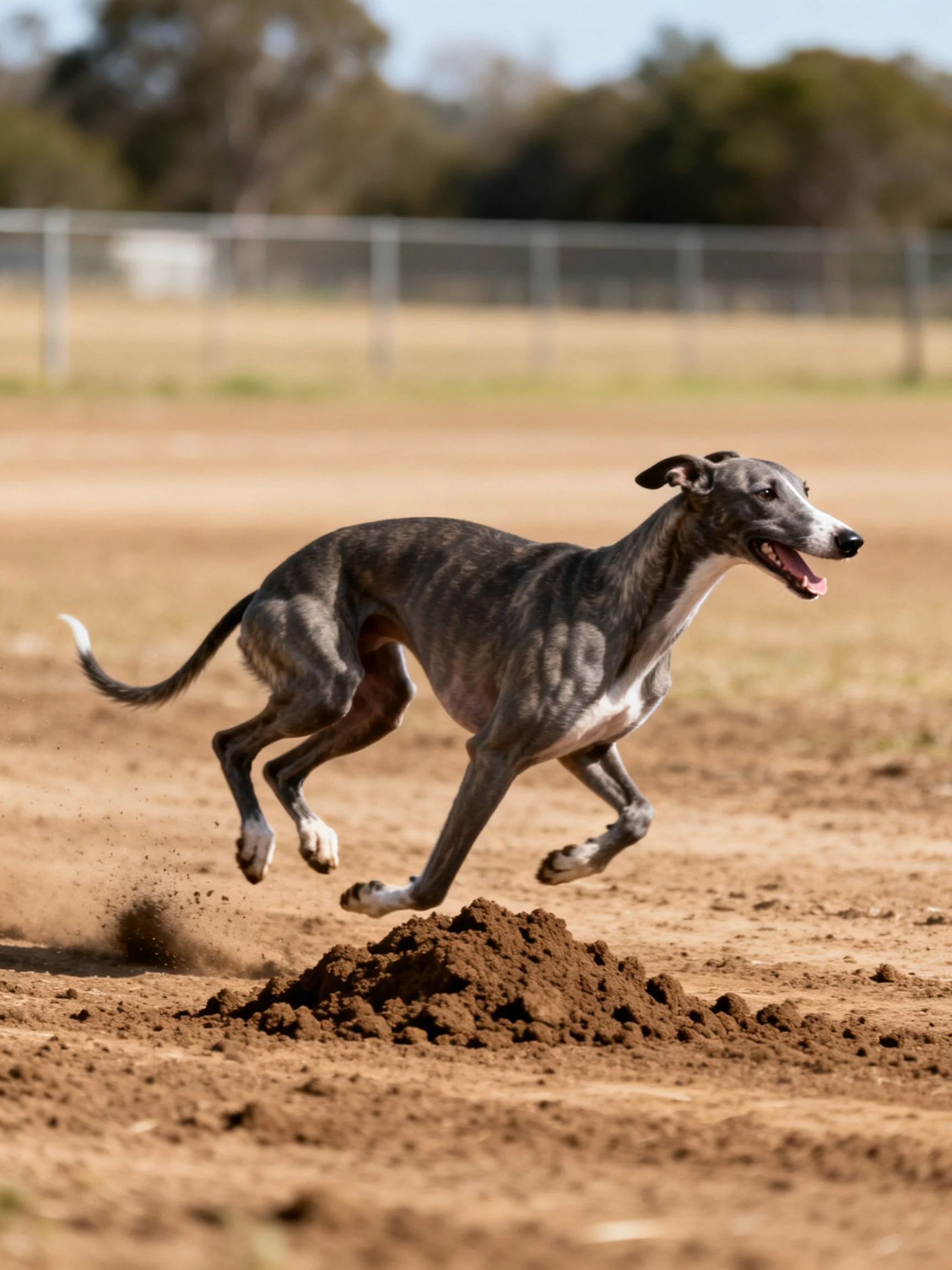 A greyhound dog sprints over a dirt mound on a sandy track