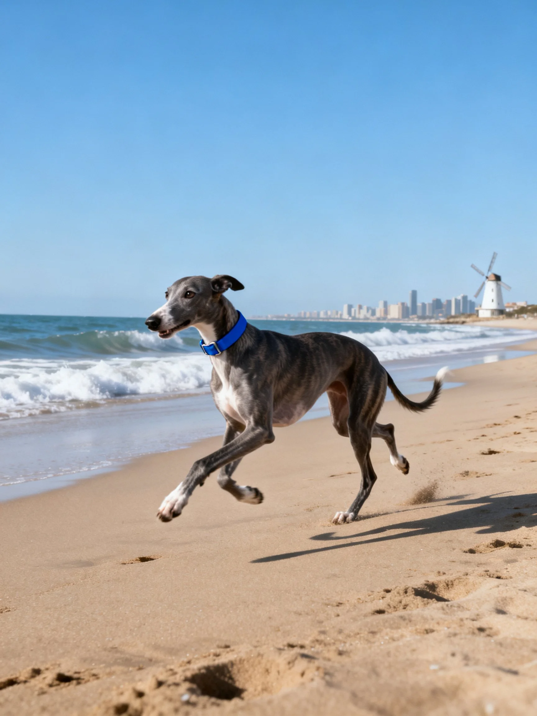 A greyhound dog with a blue collar runs on a sandy beach by the ocean