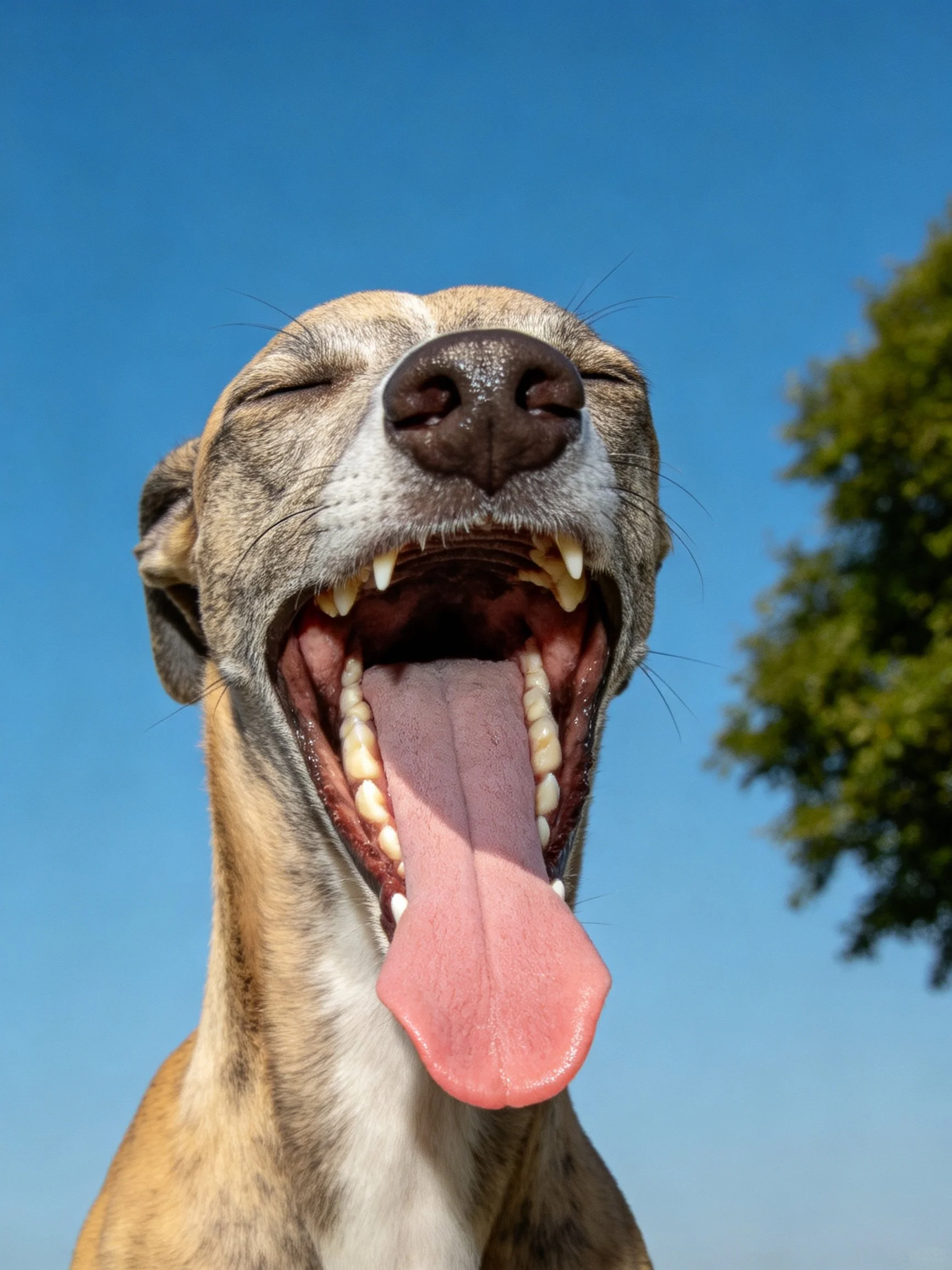 A greyhound dog yawning widely with pink tongue