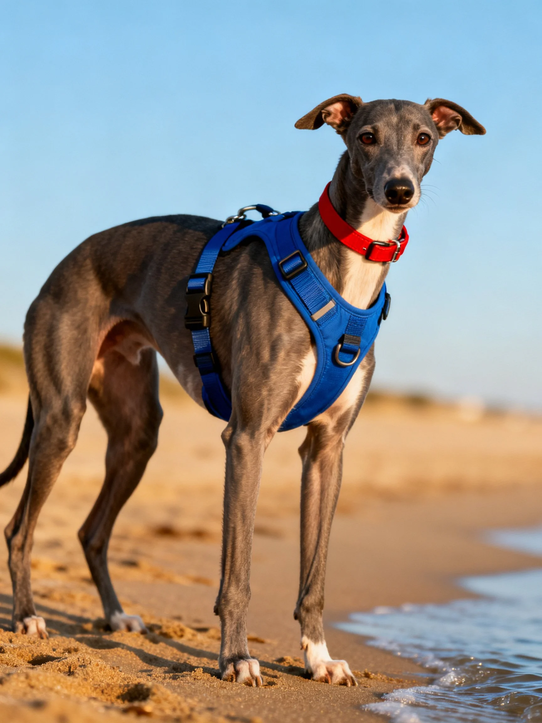 A greyhound in blue harness stands on sandy beach beside water