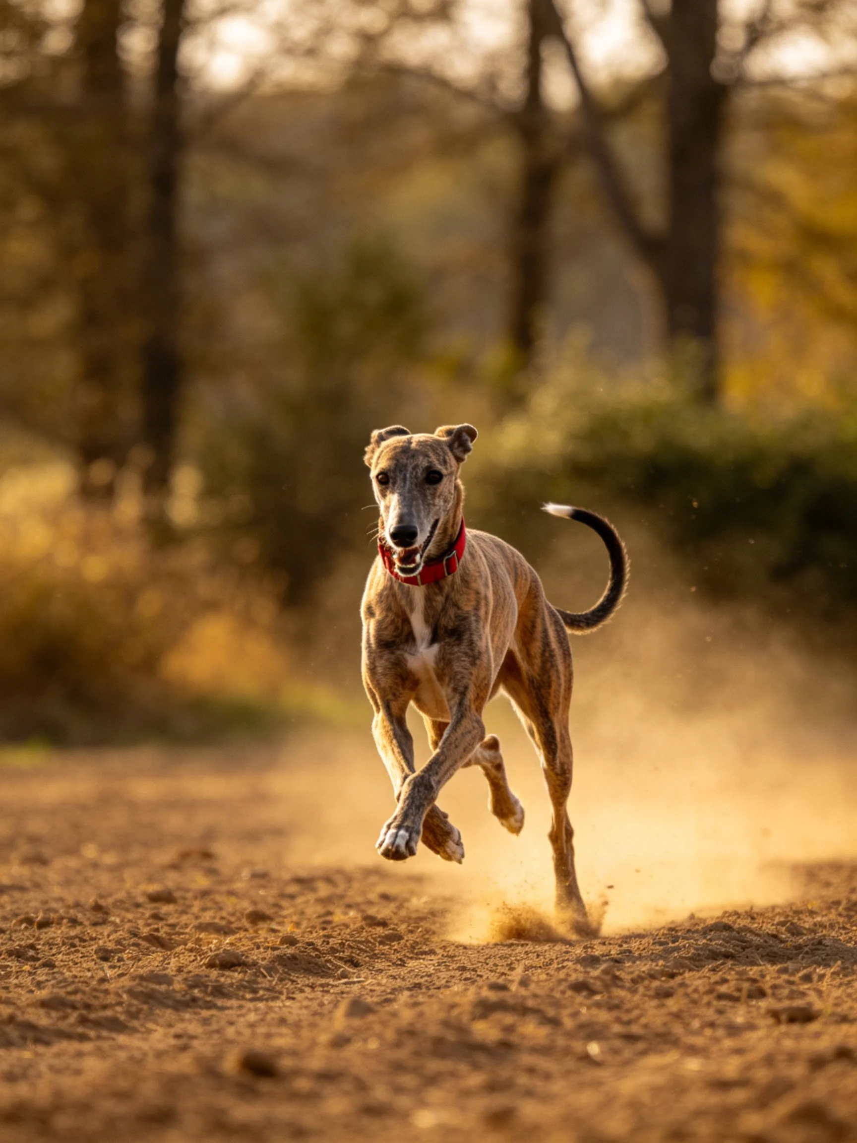 A greyhound sprints on a dusty path with golden woodland backdrop