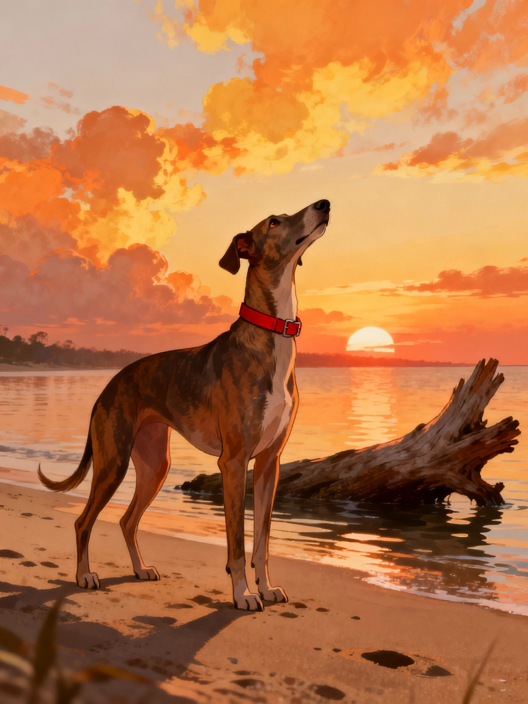 A greyhound with a red collar on a sandy beach during sunset