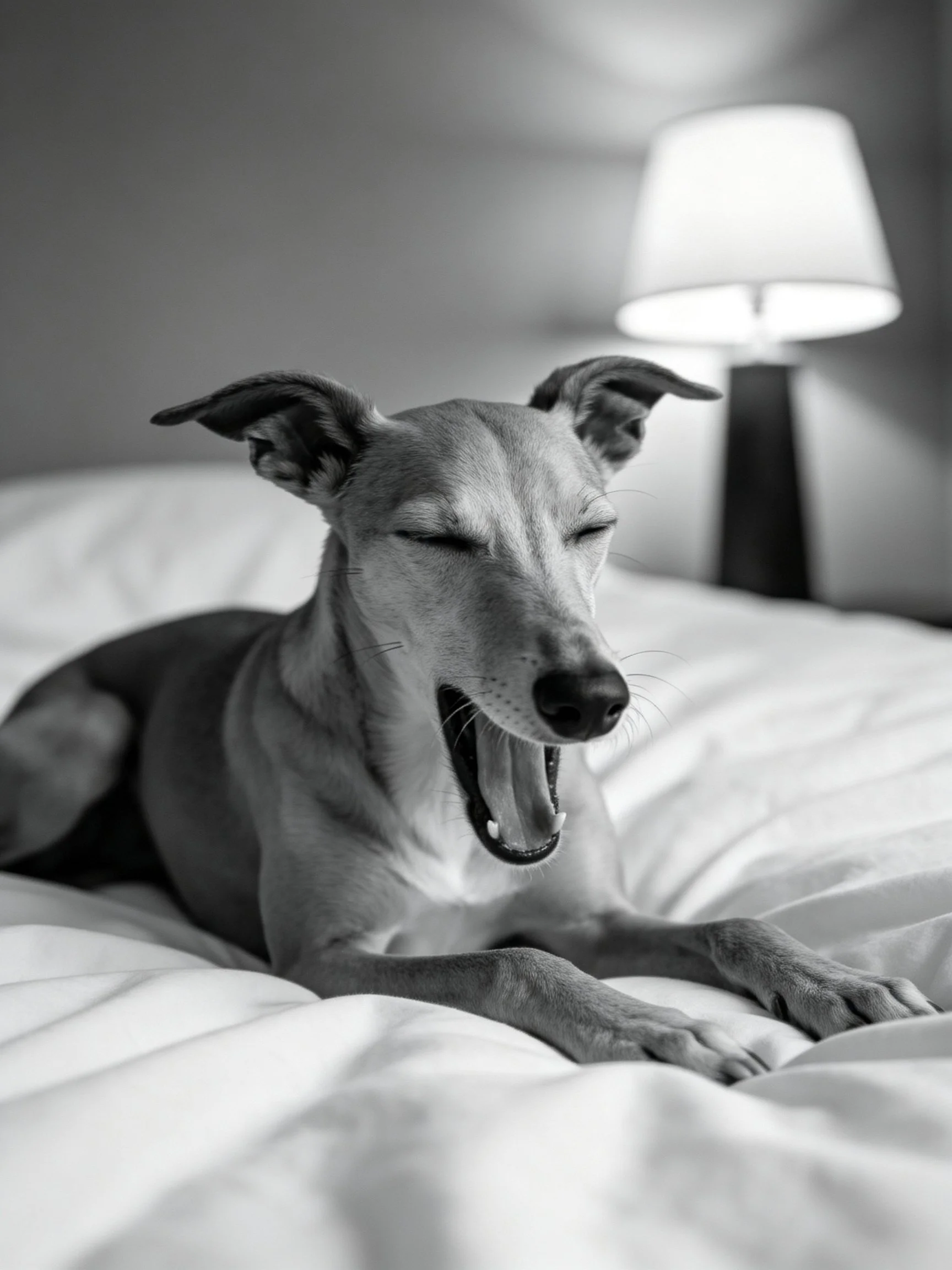 A greyhound yawning on a soft bed near a lit bedside lamp