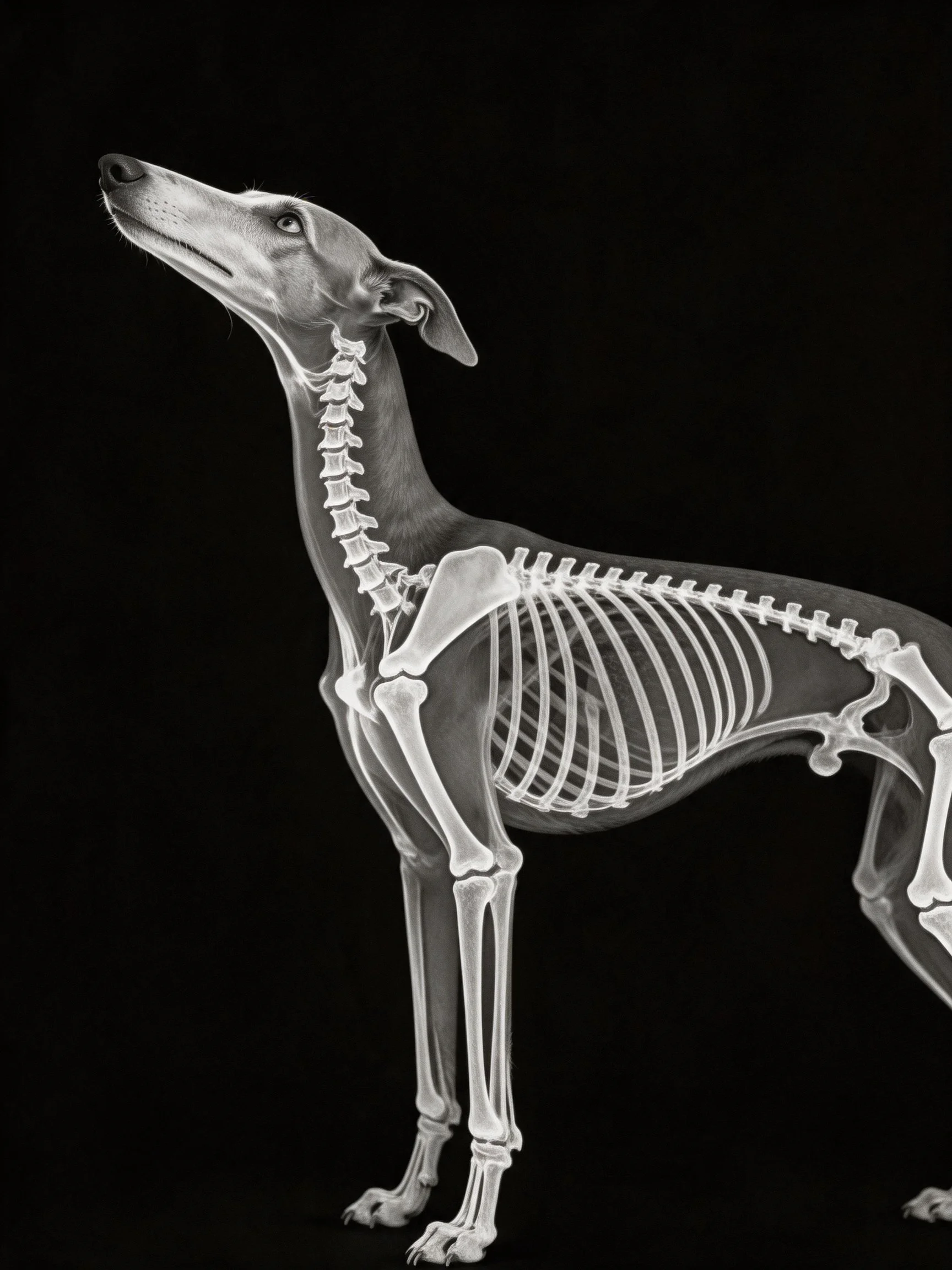 A greyhounds semi - transparent skeleton with visible ribcage and limbs