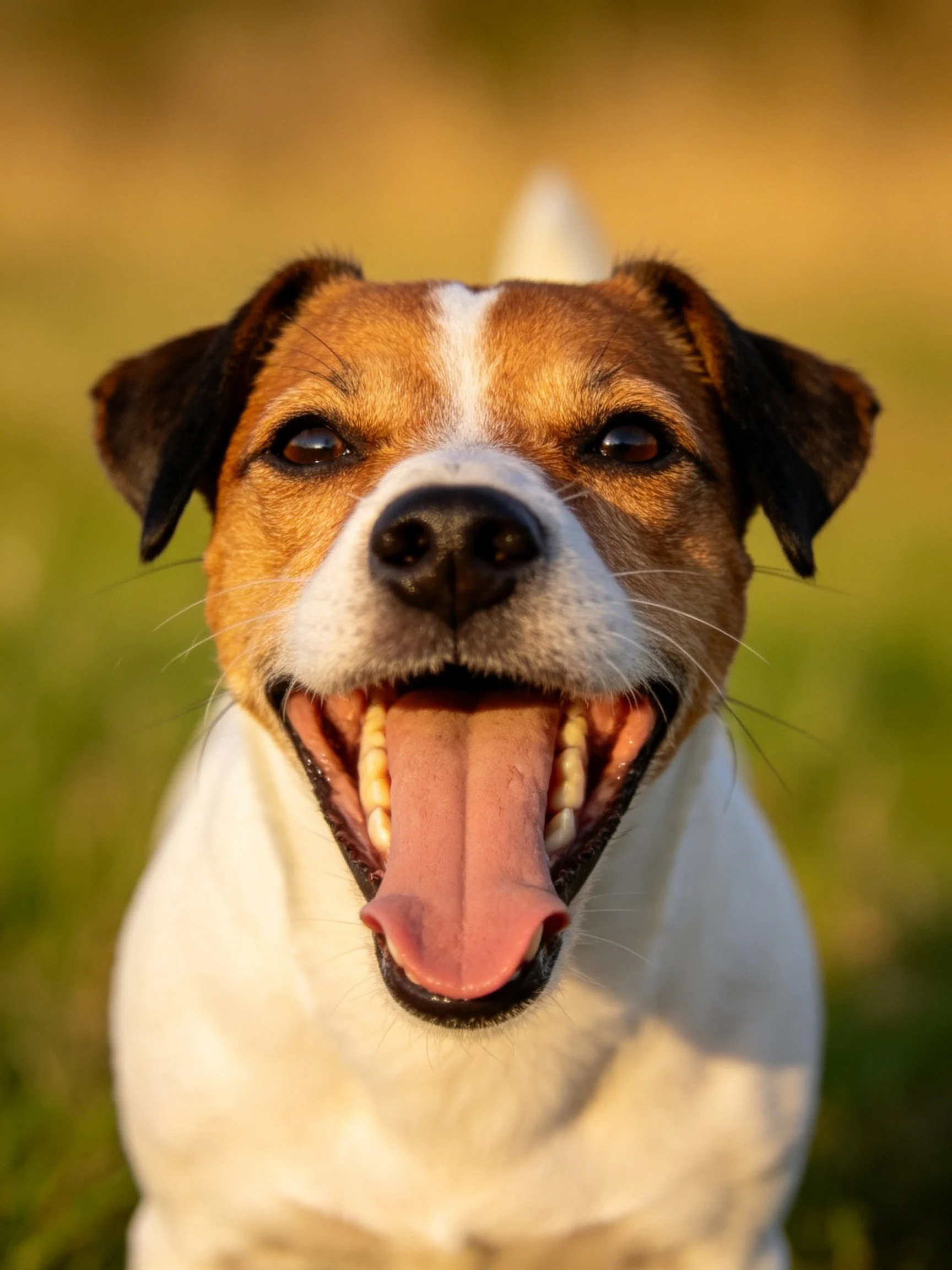 A happy Jack Russell Terrier with brown and white fur panting outside