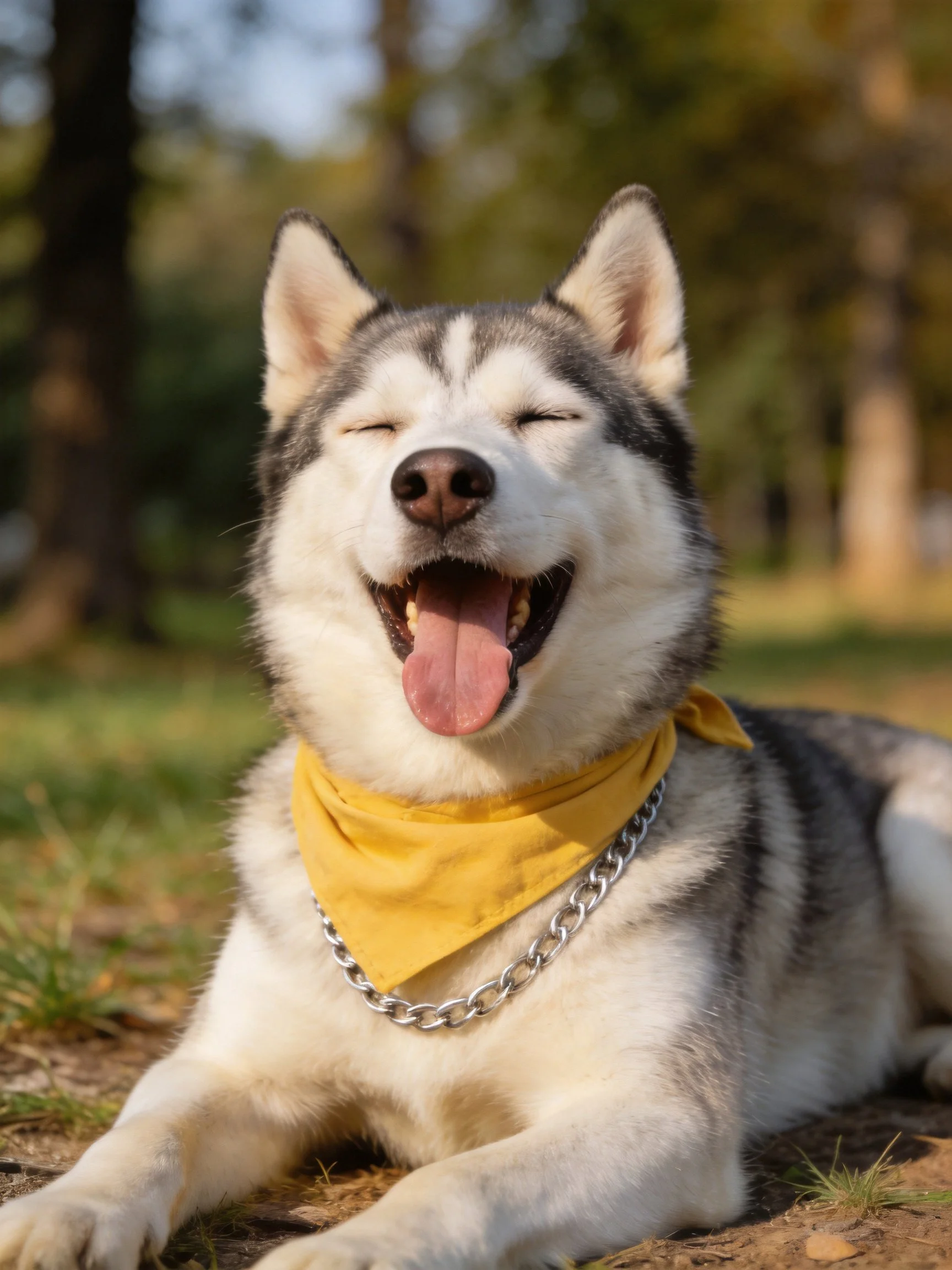 A happy Siberian Husky resting outdoors with a yellow bandana