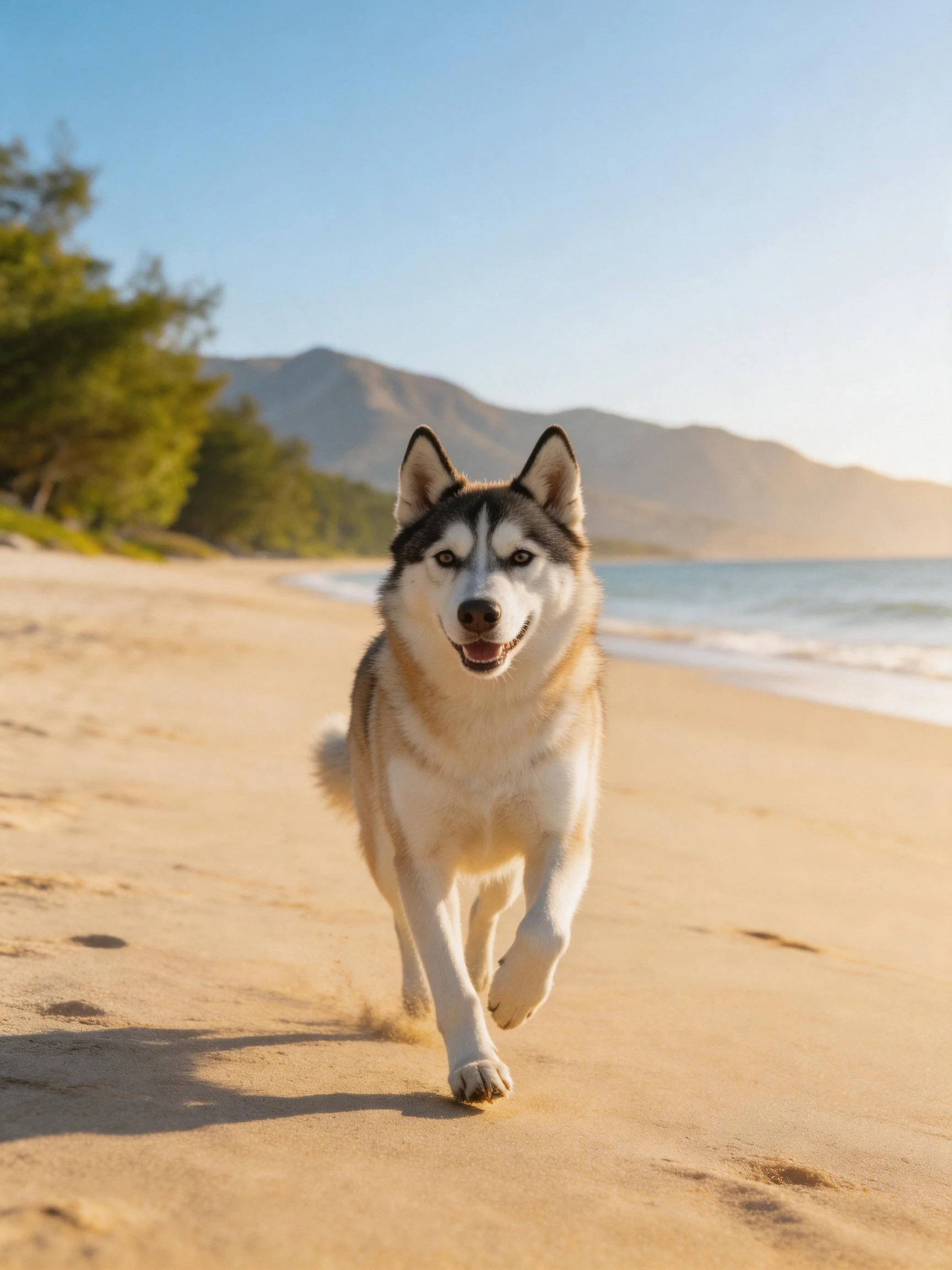 A Siberian Husky runs joyfully on a sandy beach near the ocean.