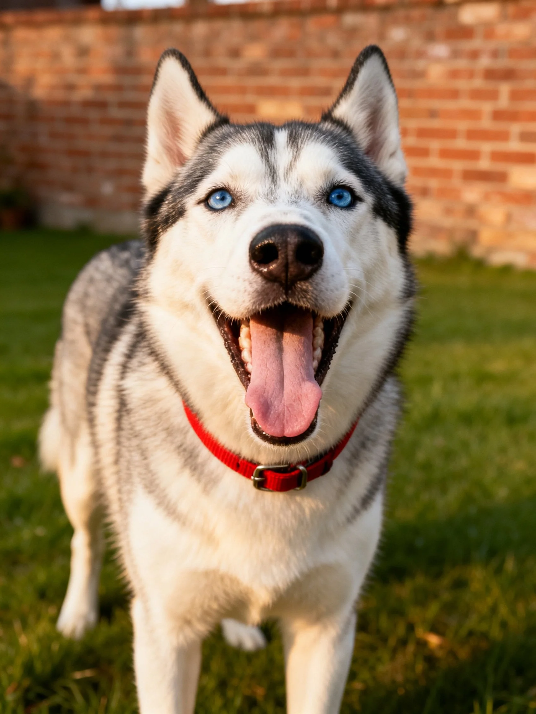 A happy Siberian Husky with blue eyes on grass near a brick wall