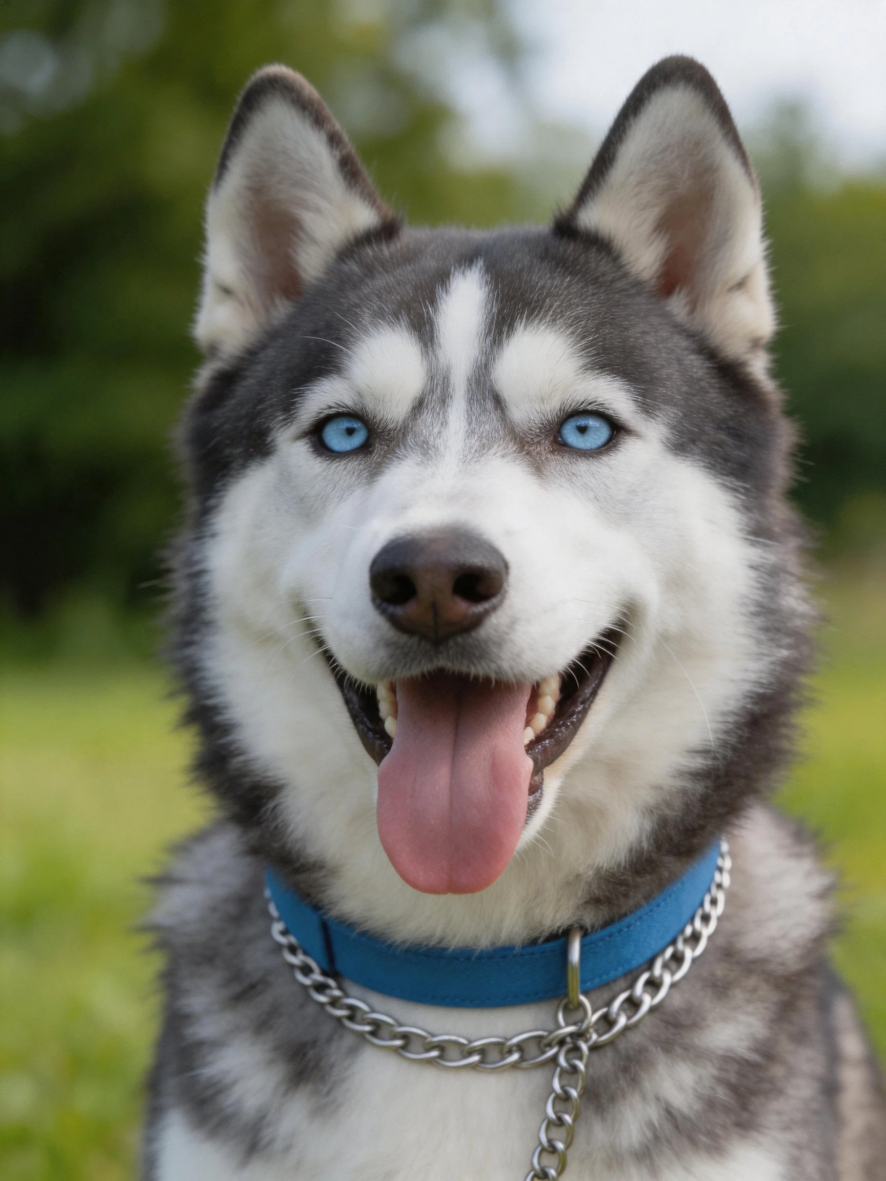A cheerful Siberian Husky with blue eyes poses outdoors.