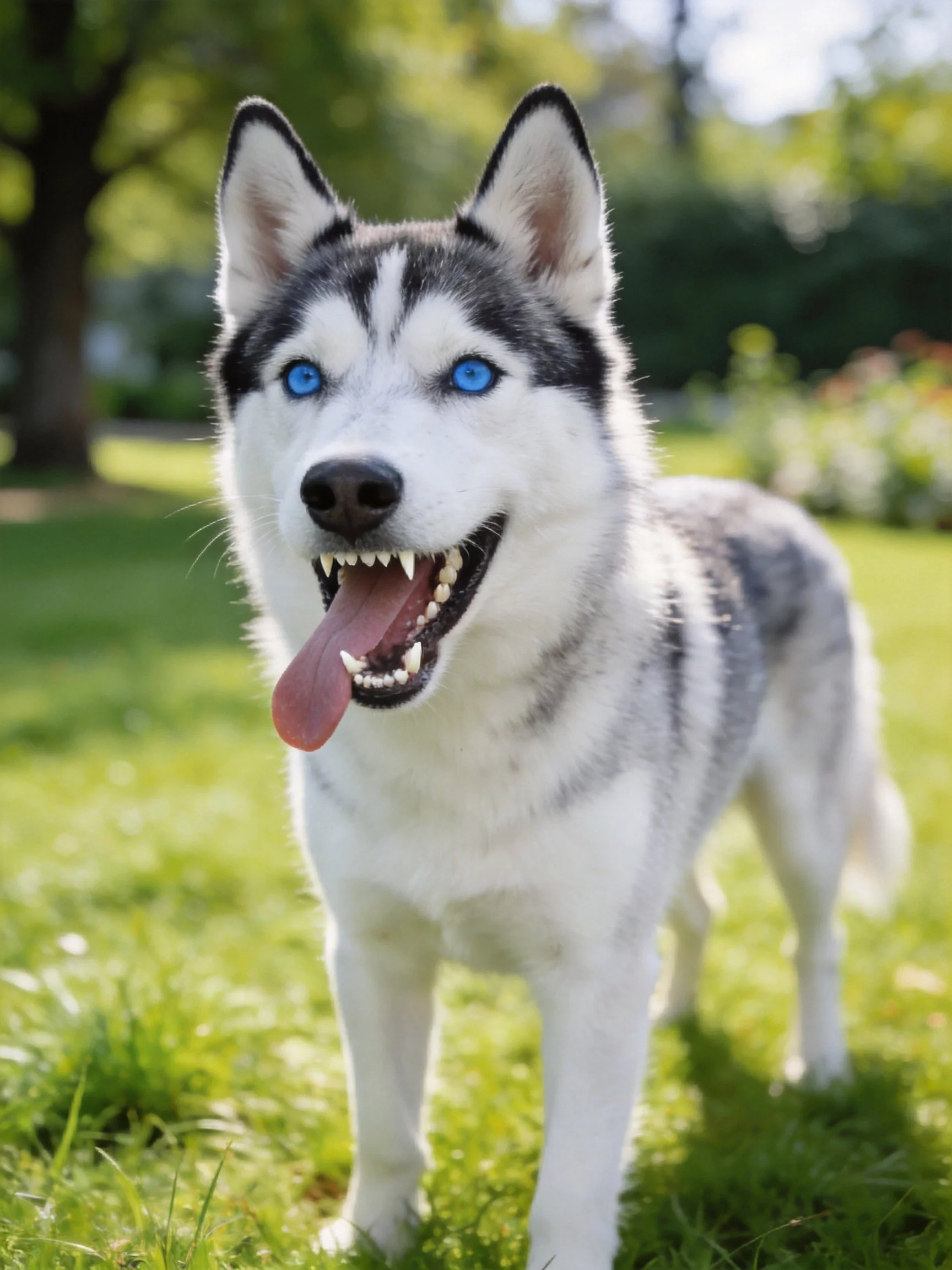 A cheerful Siberian Husky enjoys a sunny day on grass