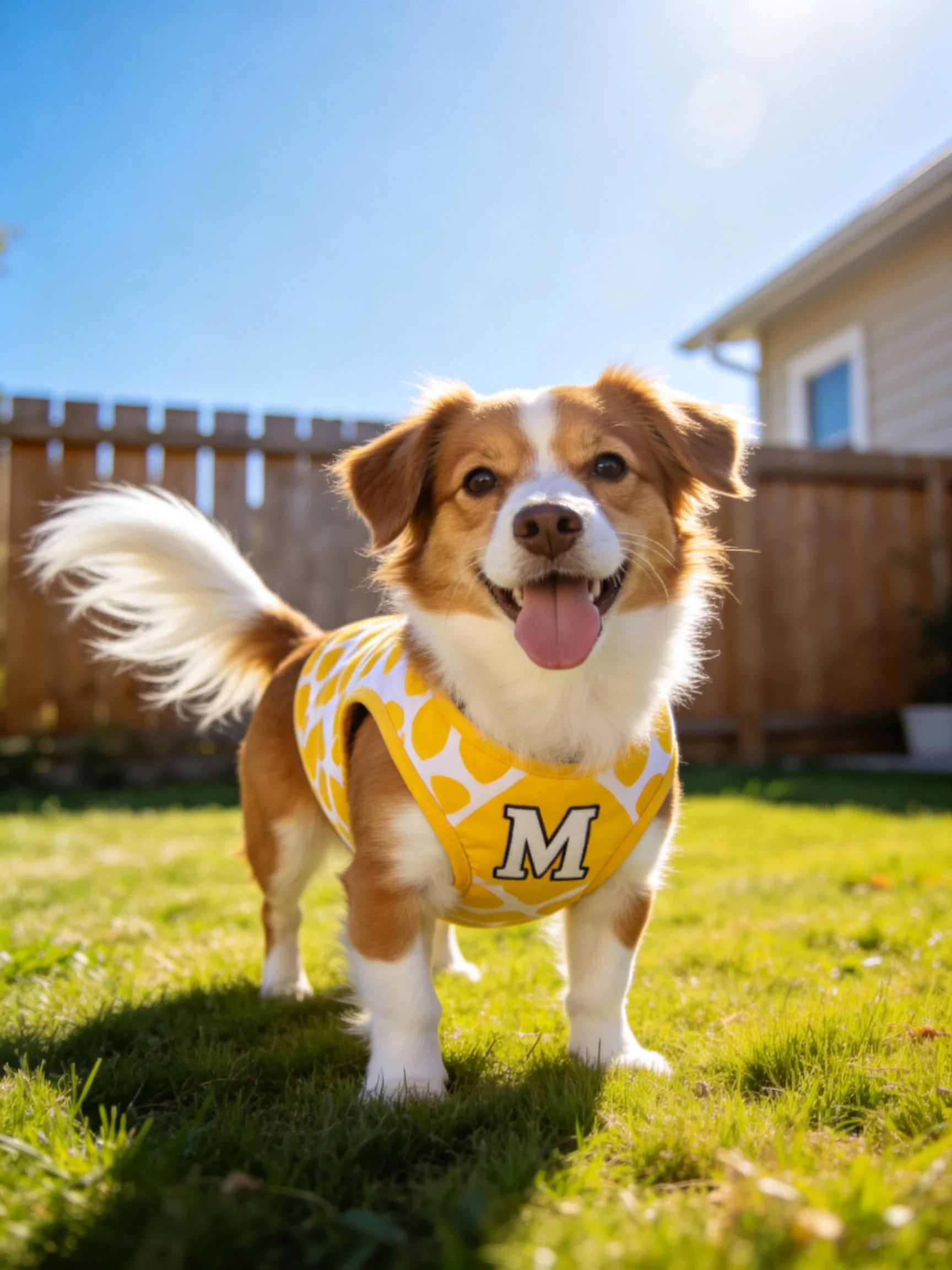 A happy brown and white dog in a yellow patterned harness outdoors