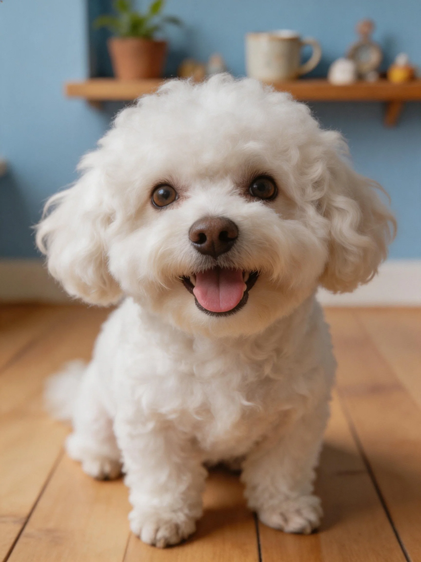 A cheerful white dog sits on wooden flooring in a cozy indoor space.