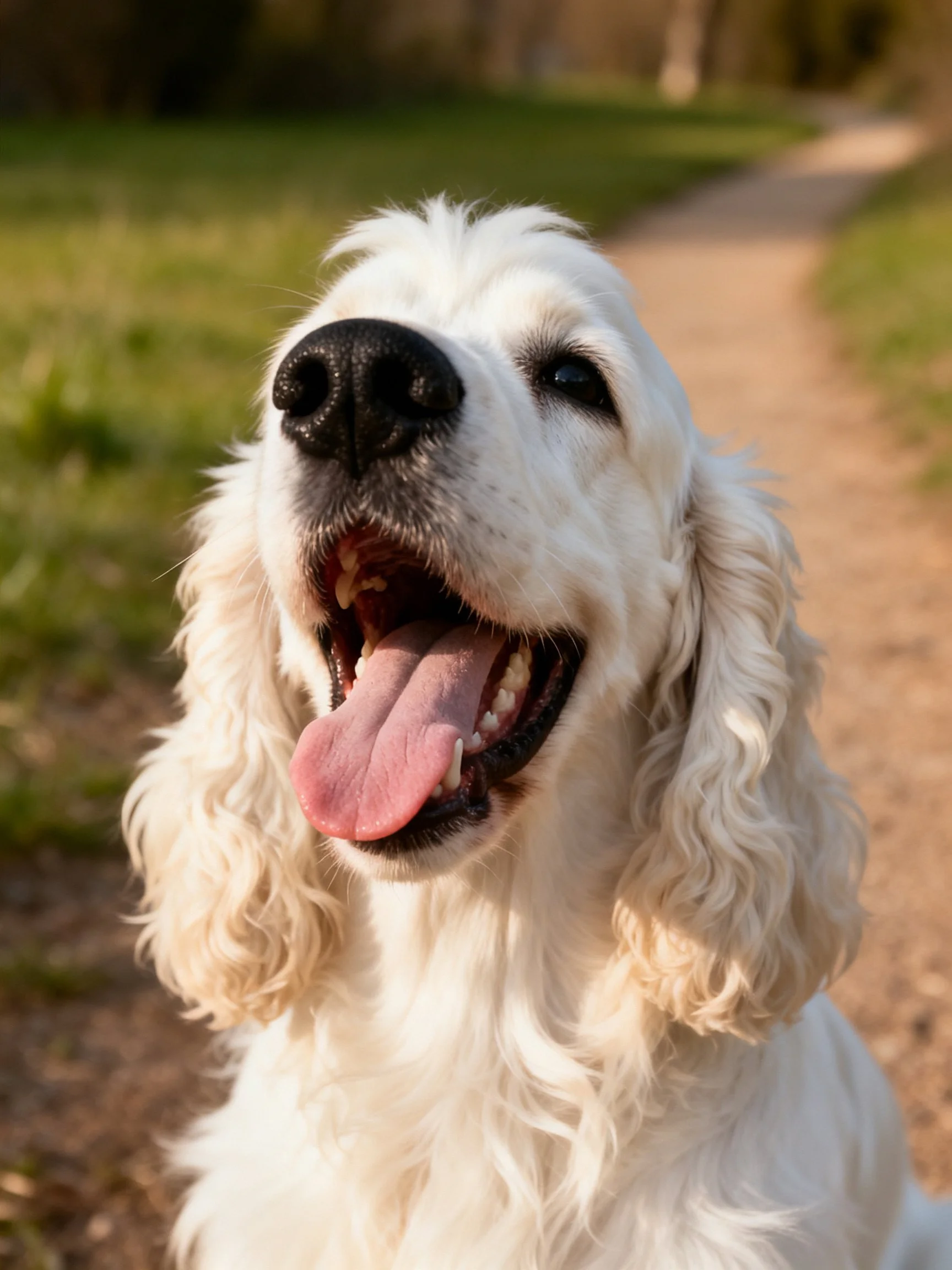 A cheerful white dog pants joyfully beside a dirt path in a natural landscape.