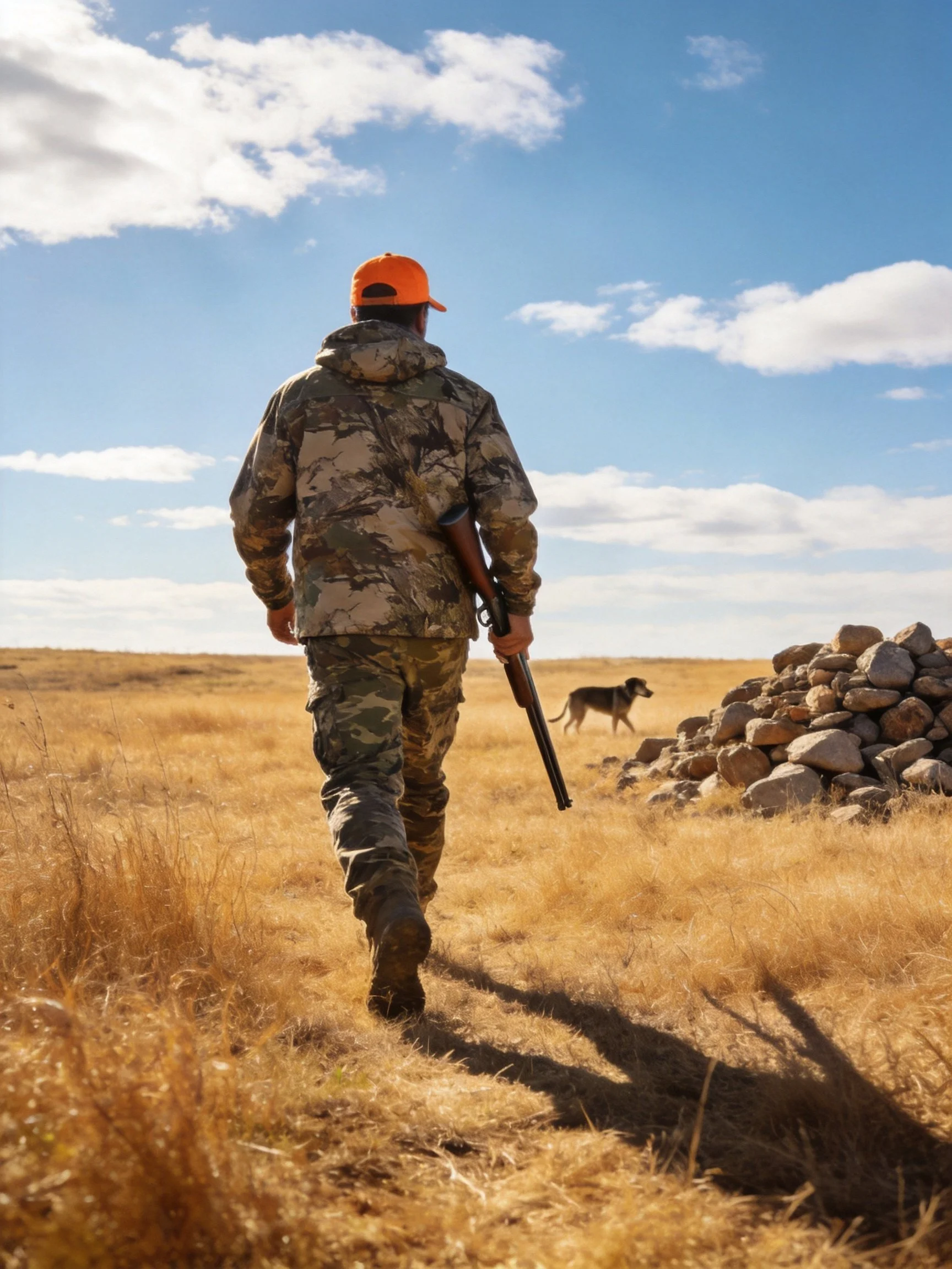 A hunter in camouflage walks through a golden field with a dog