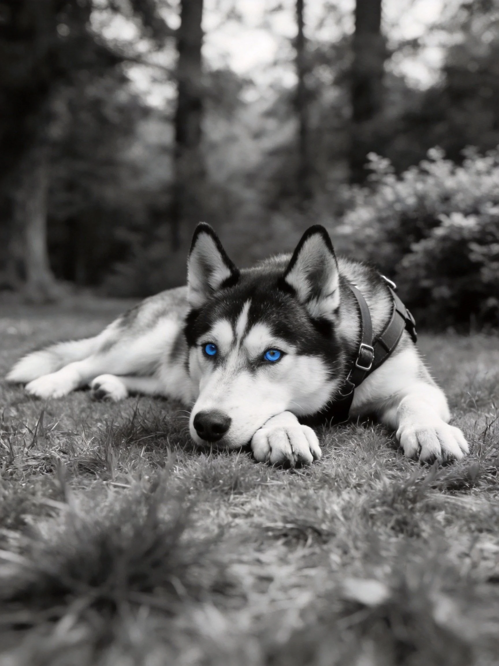 A husky dog lies on grass, its bright blue eyes stand out in a monochrome environment.