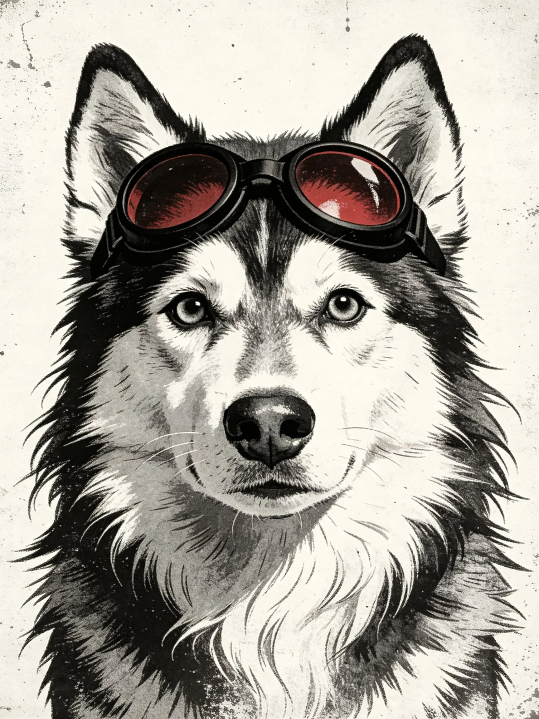 A monochromatic illustration of a husky dog with red-tinted goggles