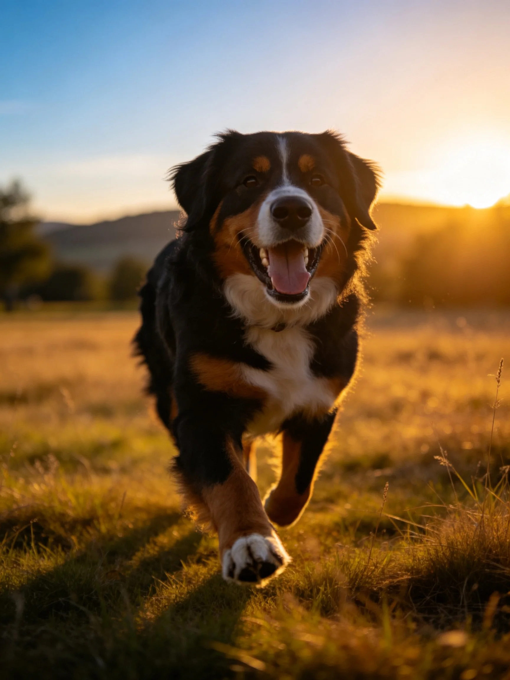 A joyful Bernese Mountain Dog runs toward the camera at golden hour