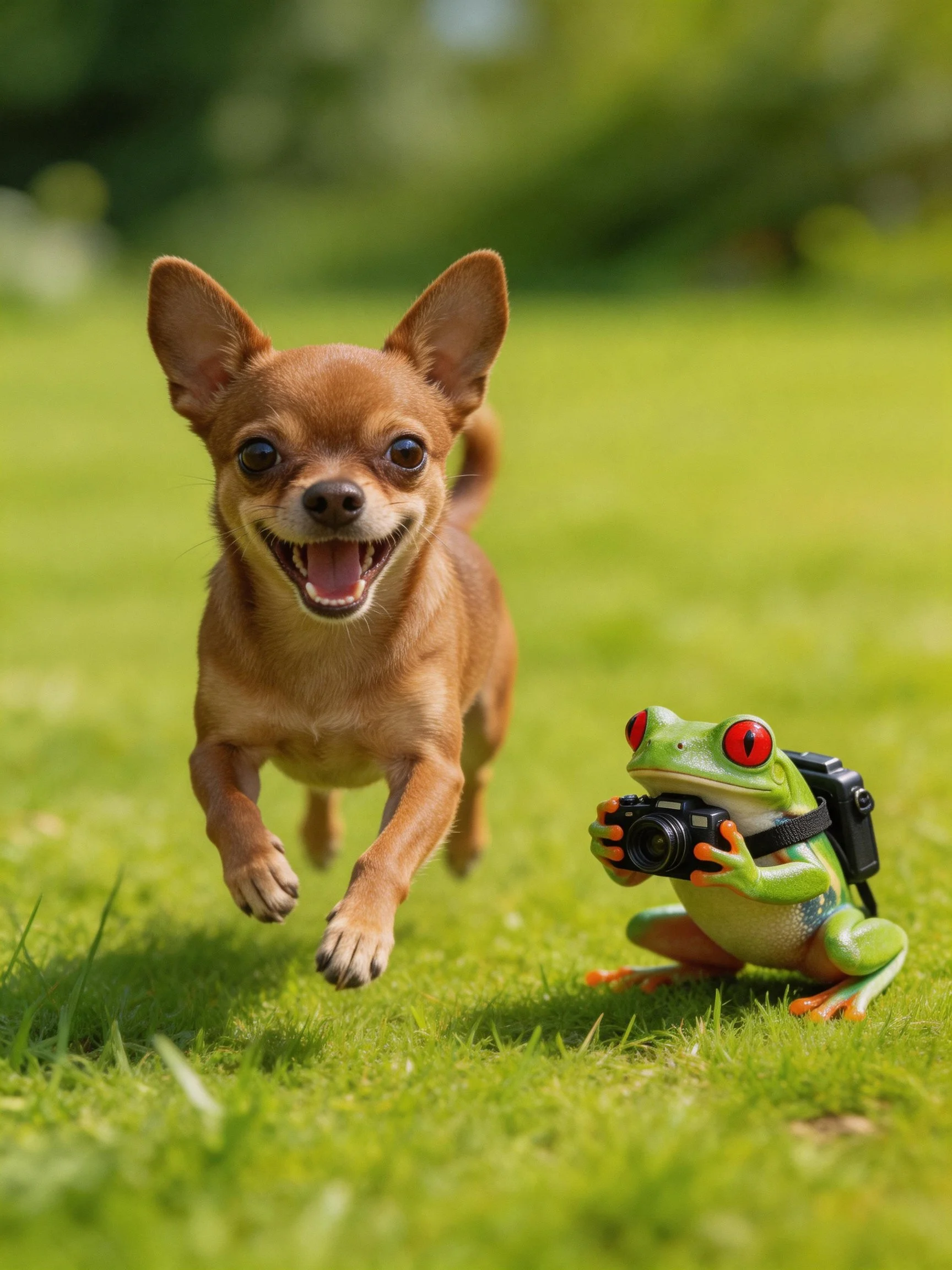 A joyful Chihuahua runs near a red-eyed frog photographer on green grass