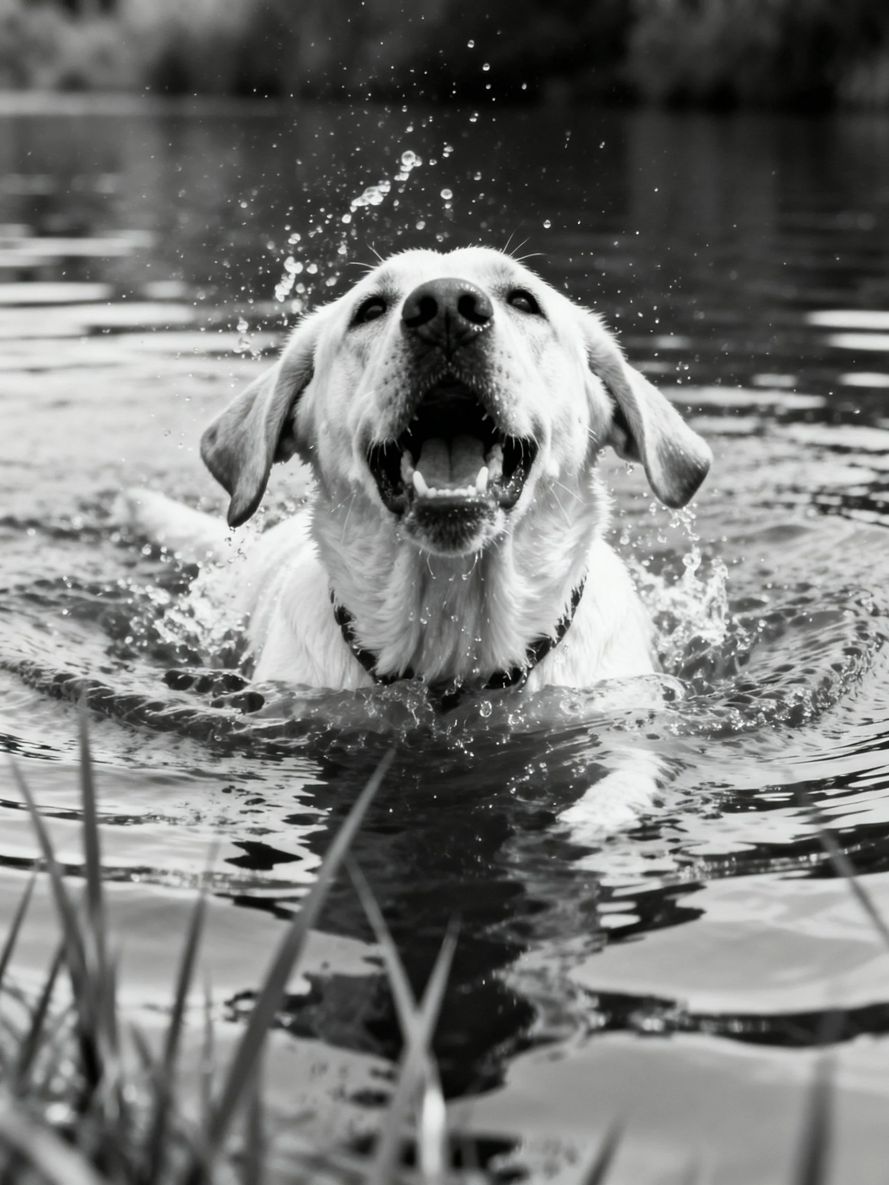 A joyful Labrador retriever swims in splashing water
