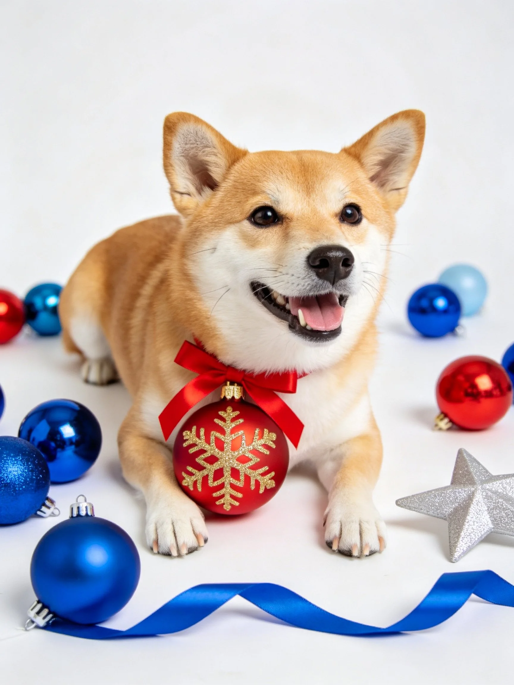 A joyful Shiba Inu with red snowflake ornament and colorful holiday decor