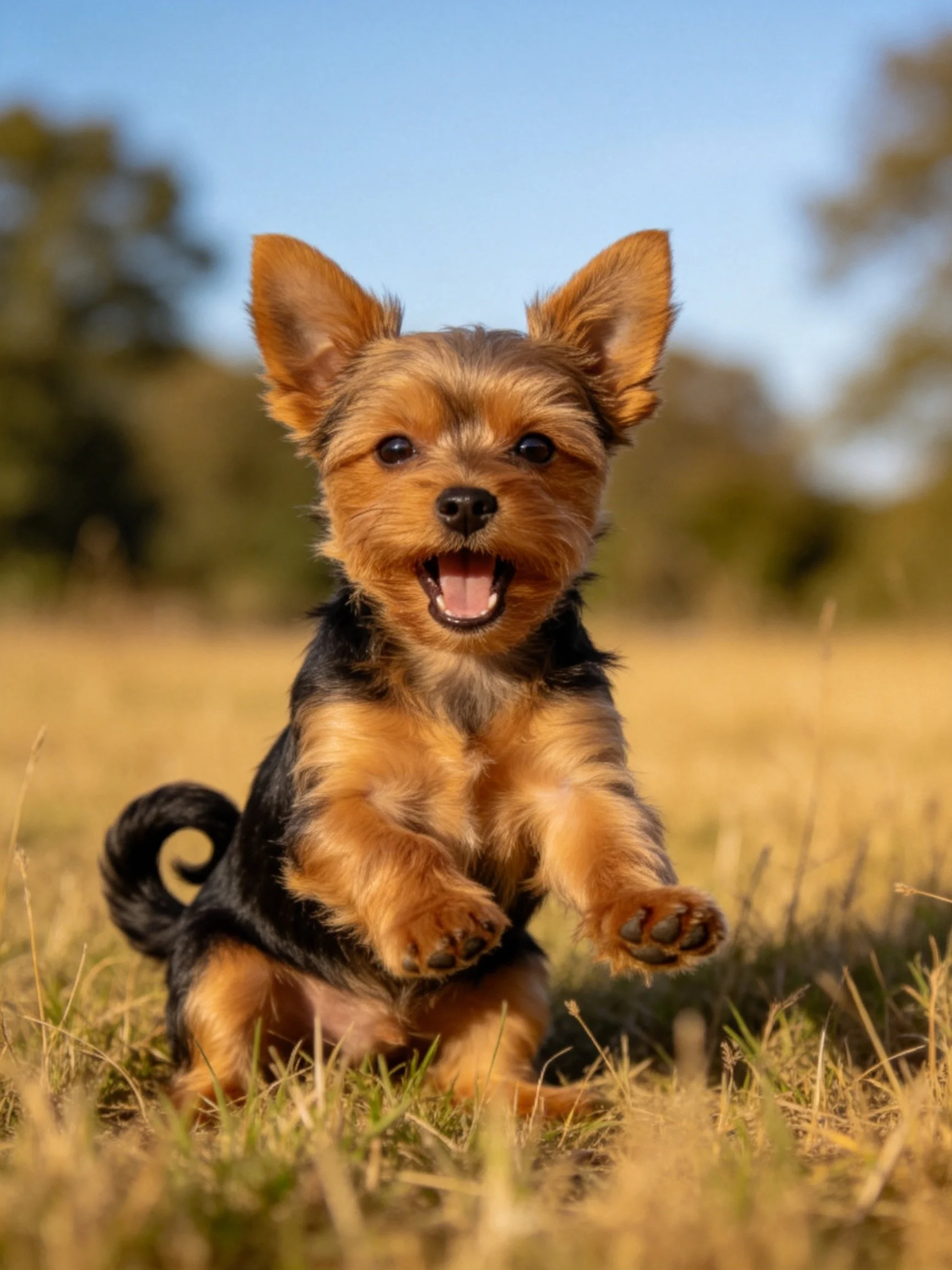 A cheerful Yorkshire Terrier puppy enjoys a sunny day in a grassy field.