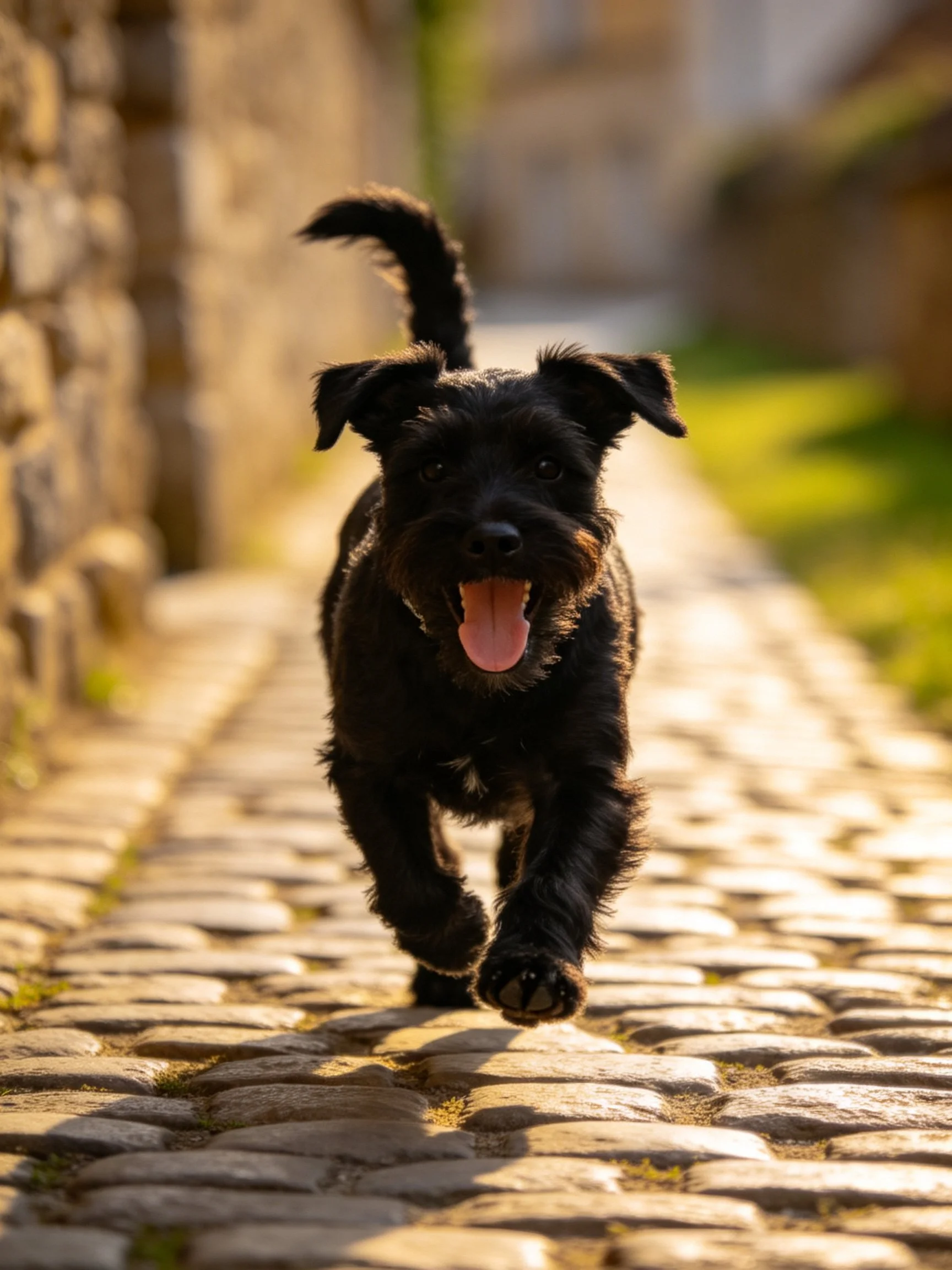 A joyful black dog runs toward the camera on a sunlit cobblestone path.