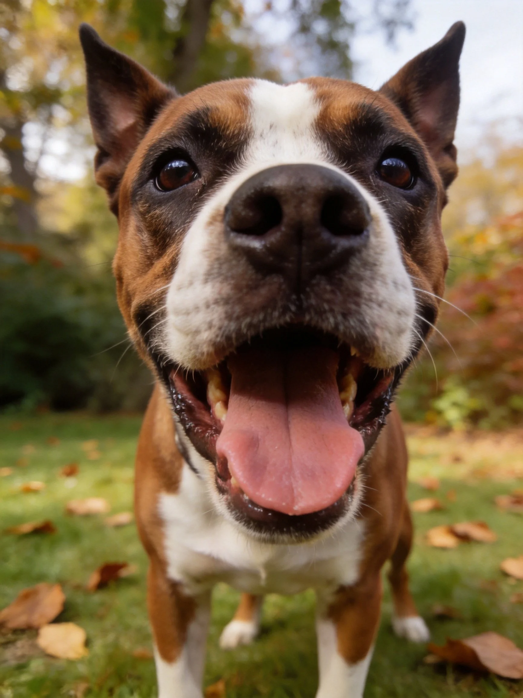 A joyful brown and white dog panting in an autumn park