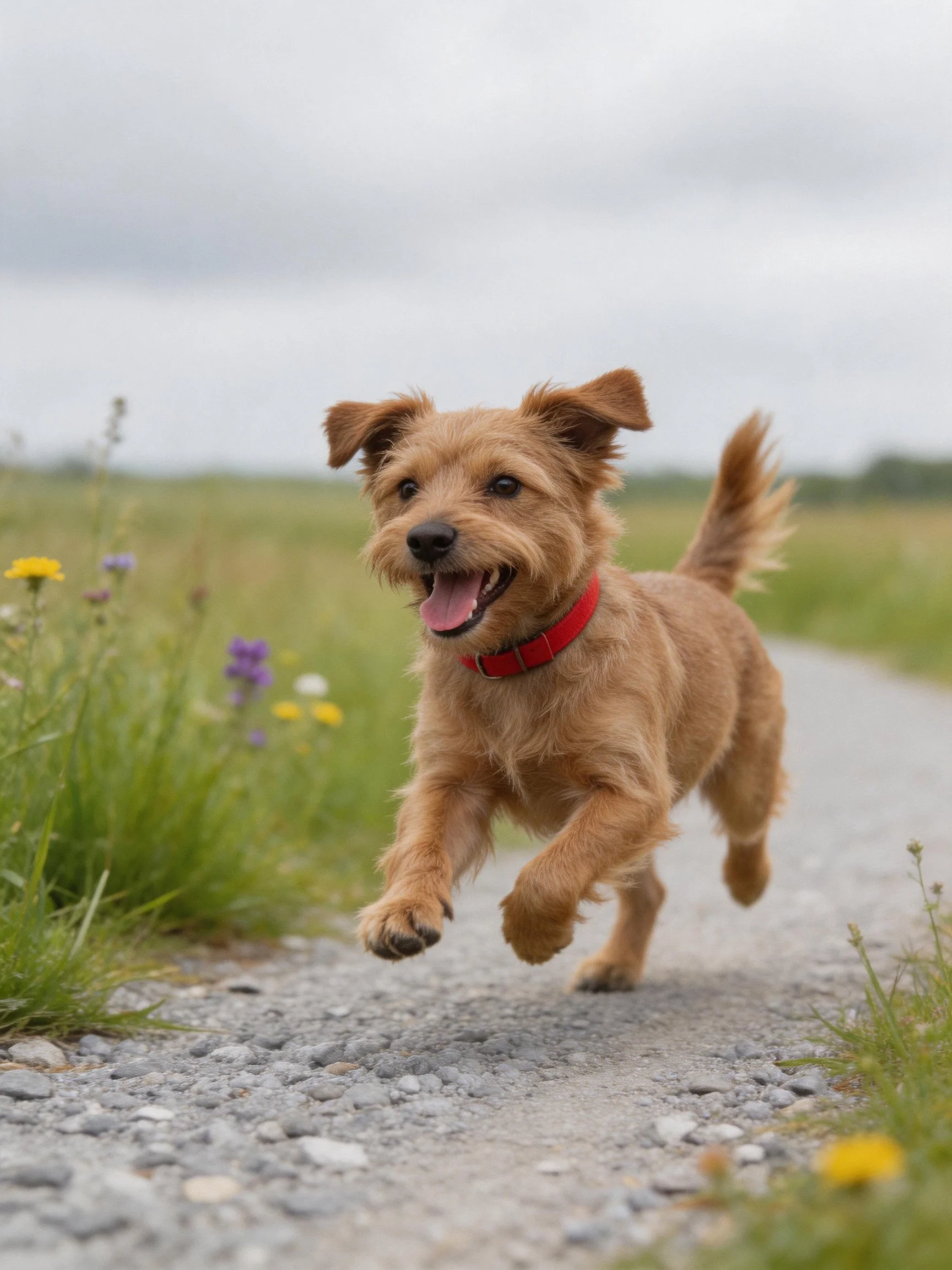 A joyful brown dog happily runs along a gravel path in a natural setting.