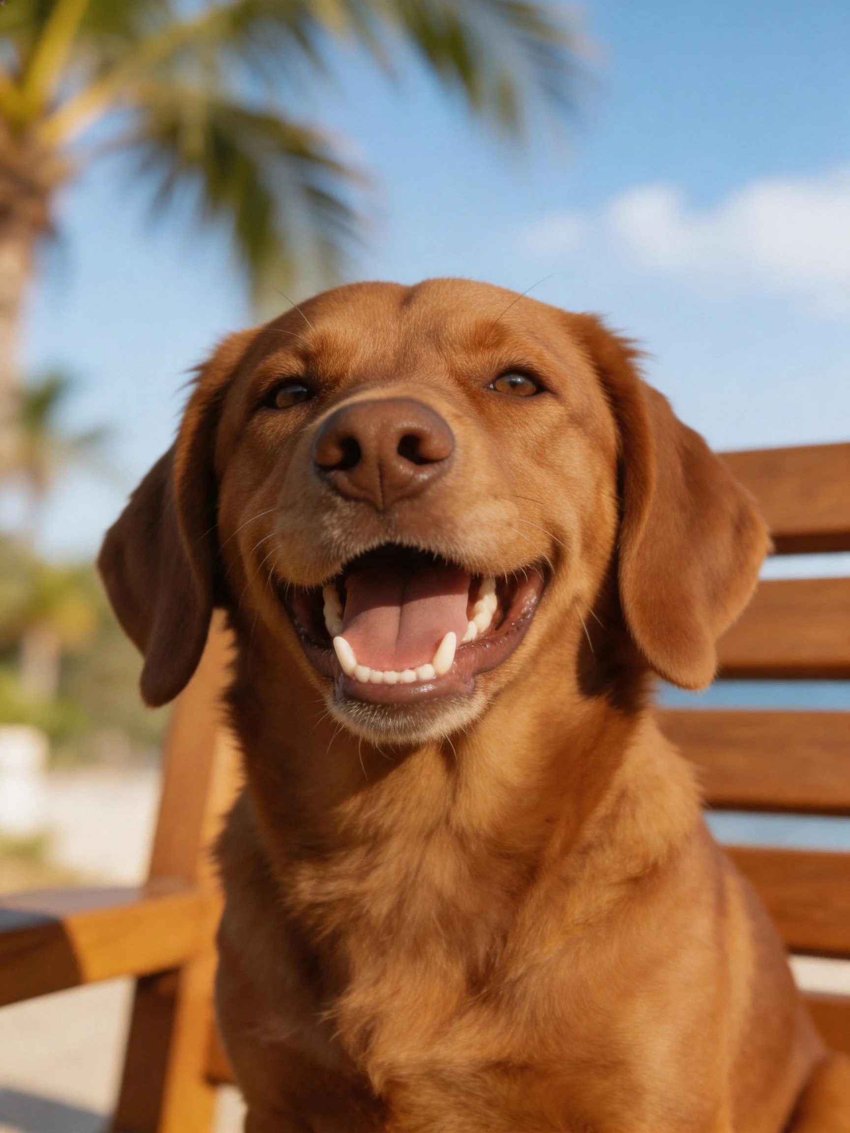 A joyful brown dog sits on a wooden bench outdoors