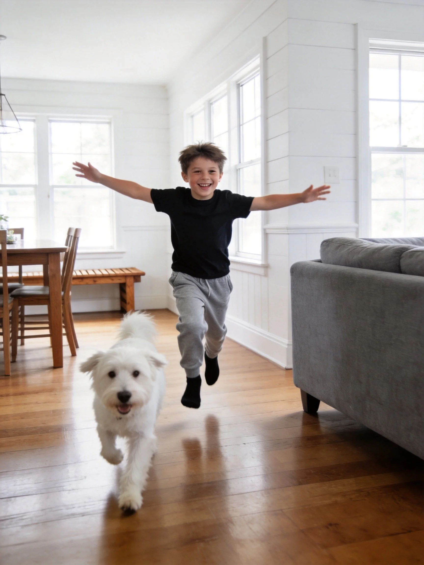 A child joyfully interacts with a whitedog in a brightly lit home interior.