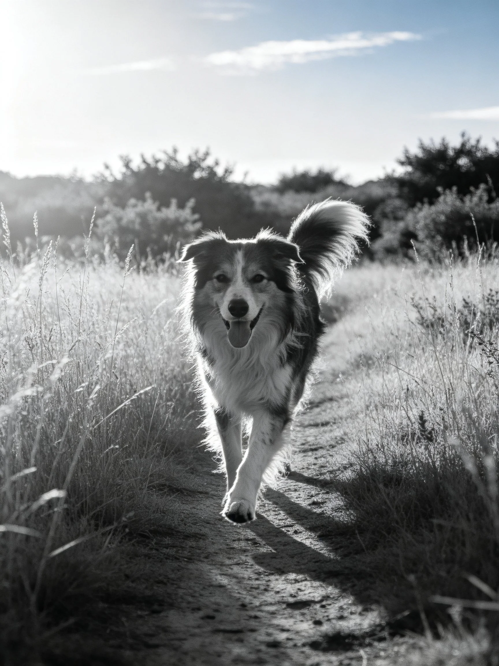 A joyful dog trotting along a sunlit dirt trail amid tall grass