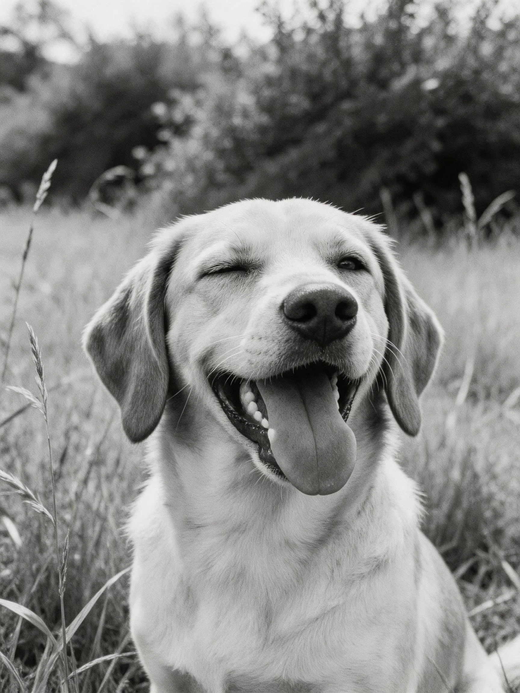 A joyful dog winking with tongue out amidst tall grass