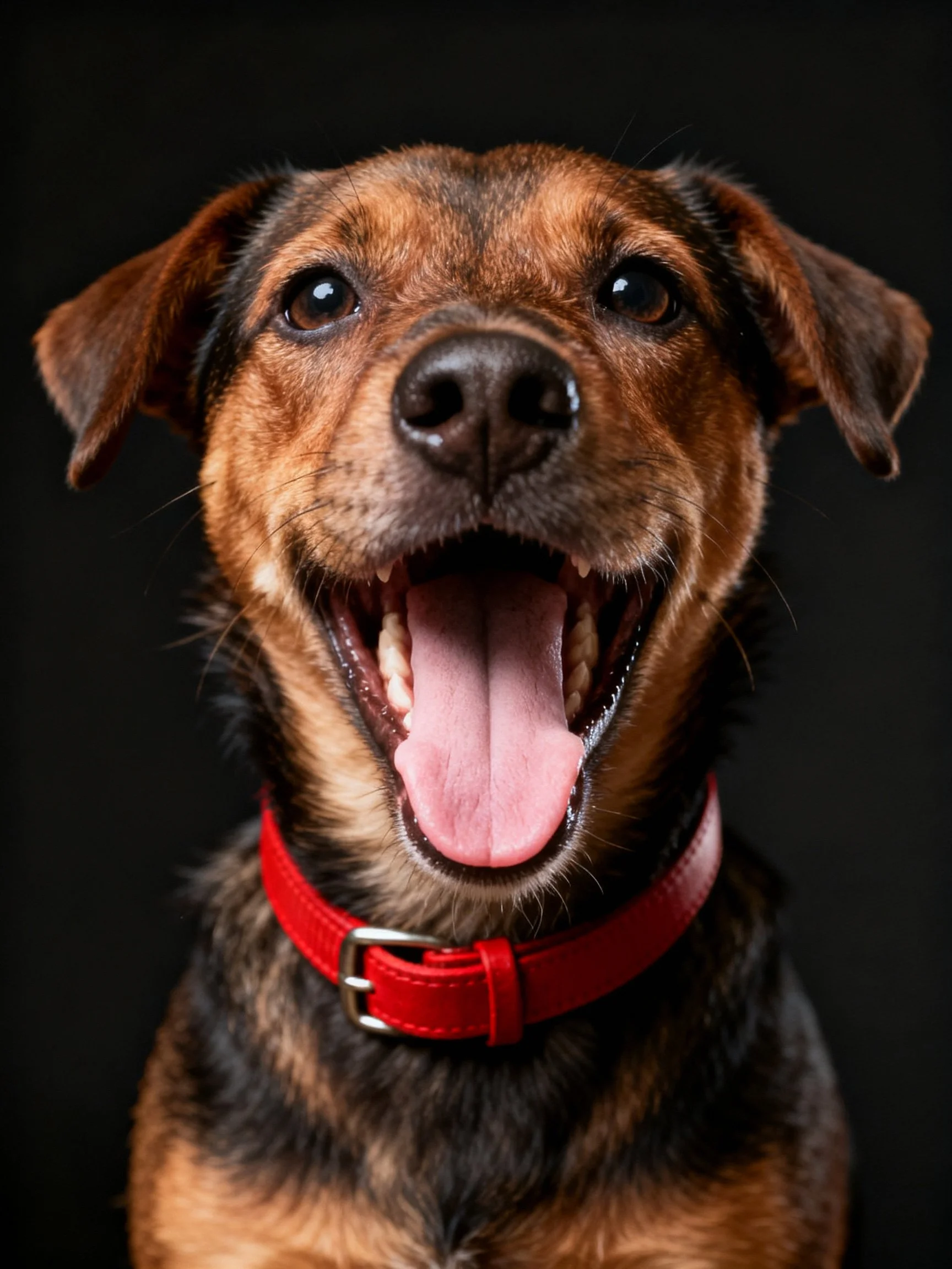A joyful mixed - breed dog with a bright red collar, brown and black fur